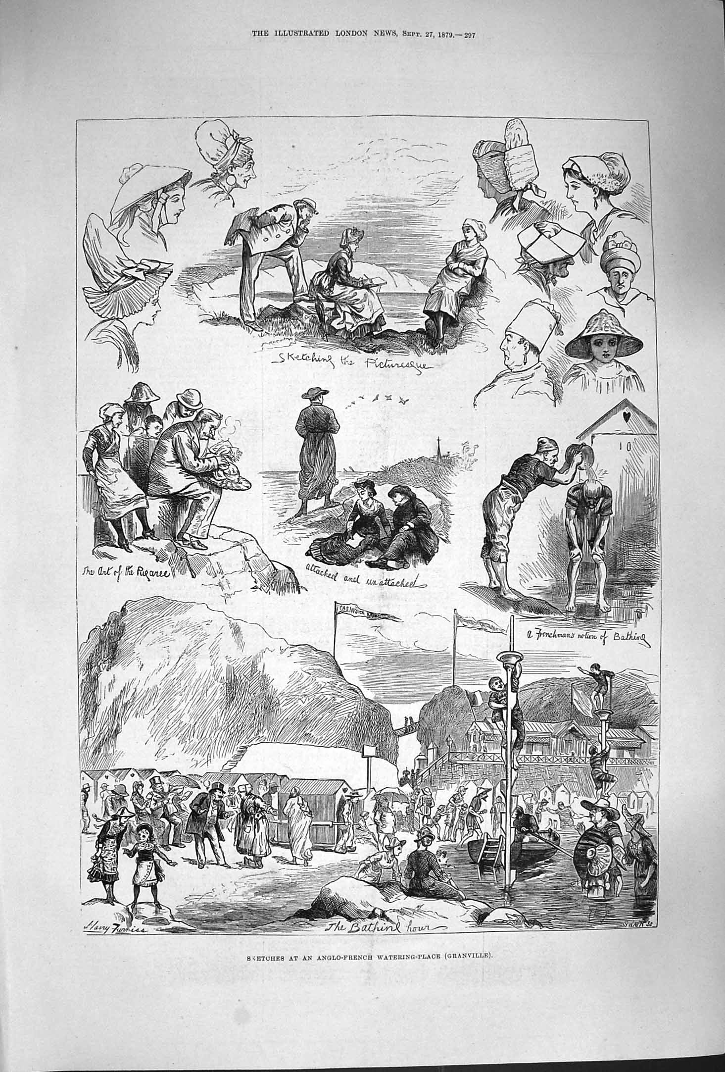 Original Old Antique Print 1879 Anglo-French Watering Place Granville Bathing
