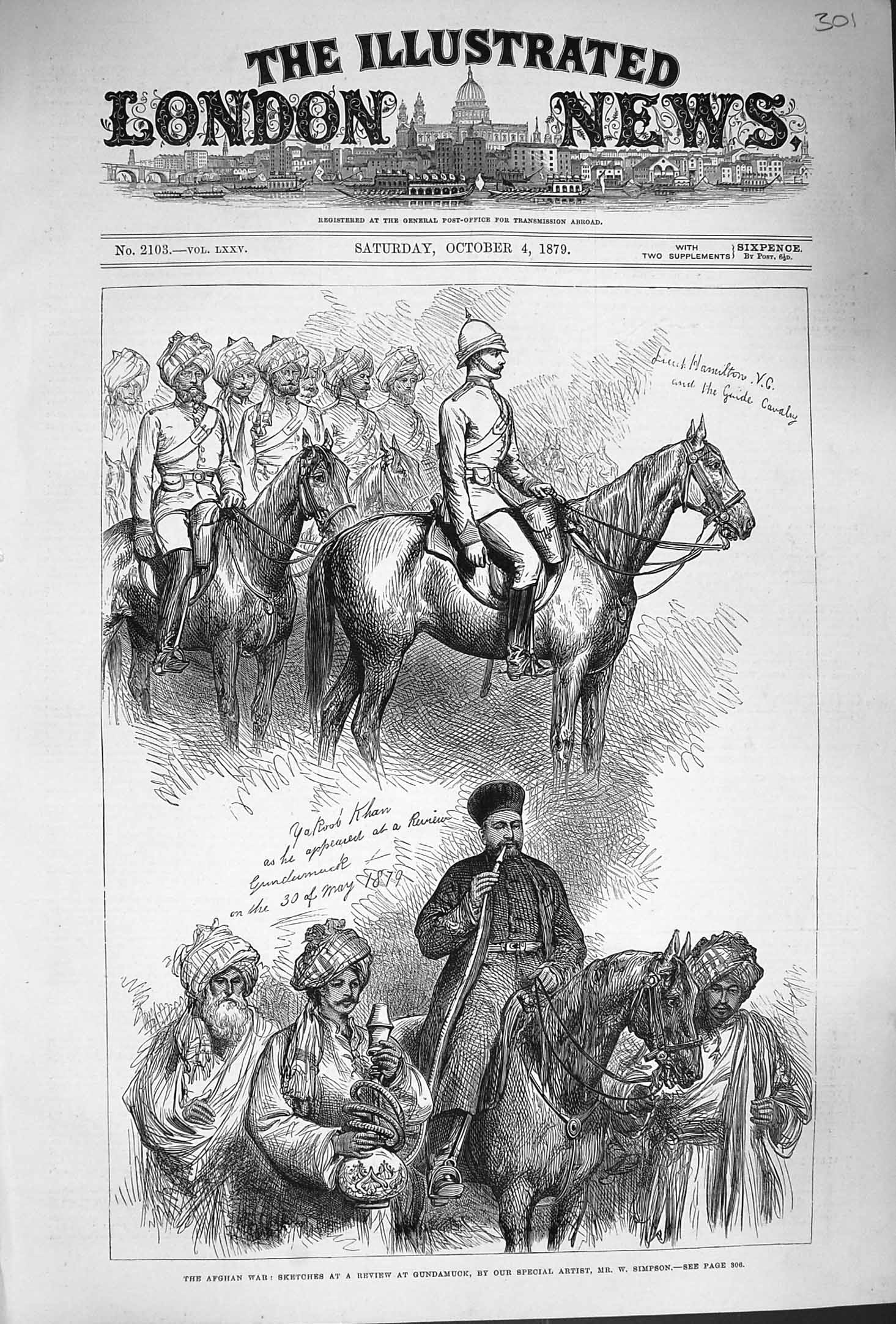 Original Old Antique Print 1879 Afghanistan War Gundamuck Yakoob Khan Hamilton