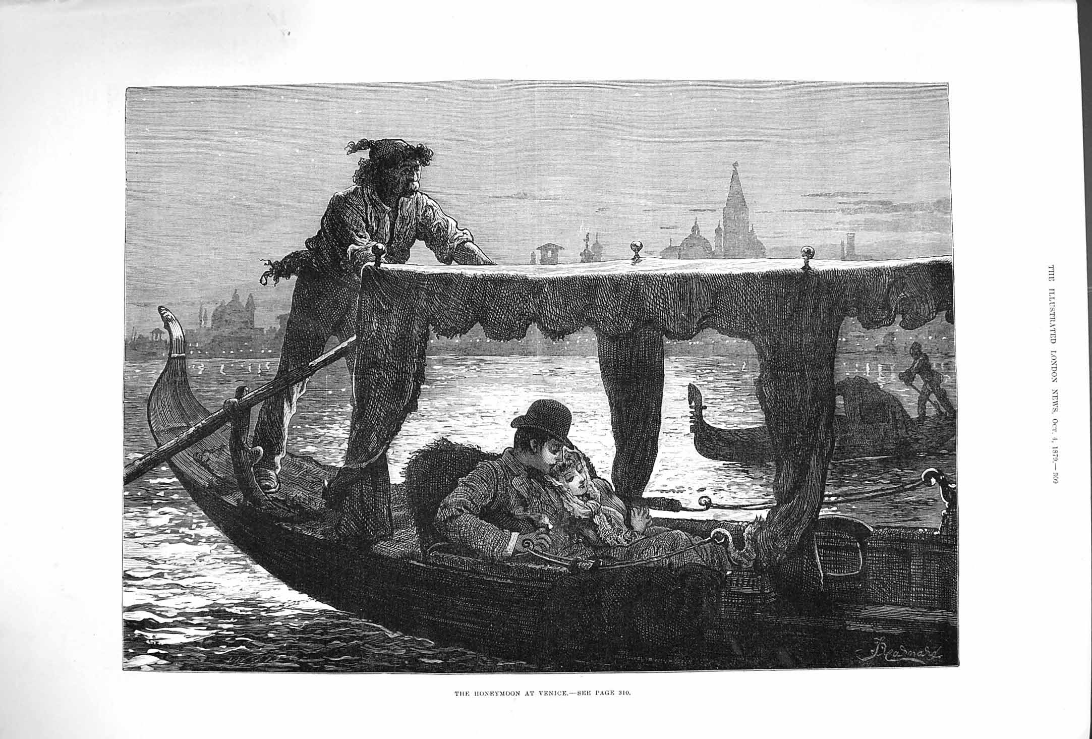 Original Old Antique Print 1879 Honeymoon Venice River Boat Romance Fine Art