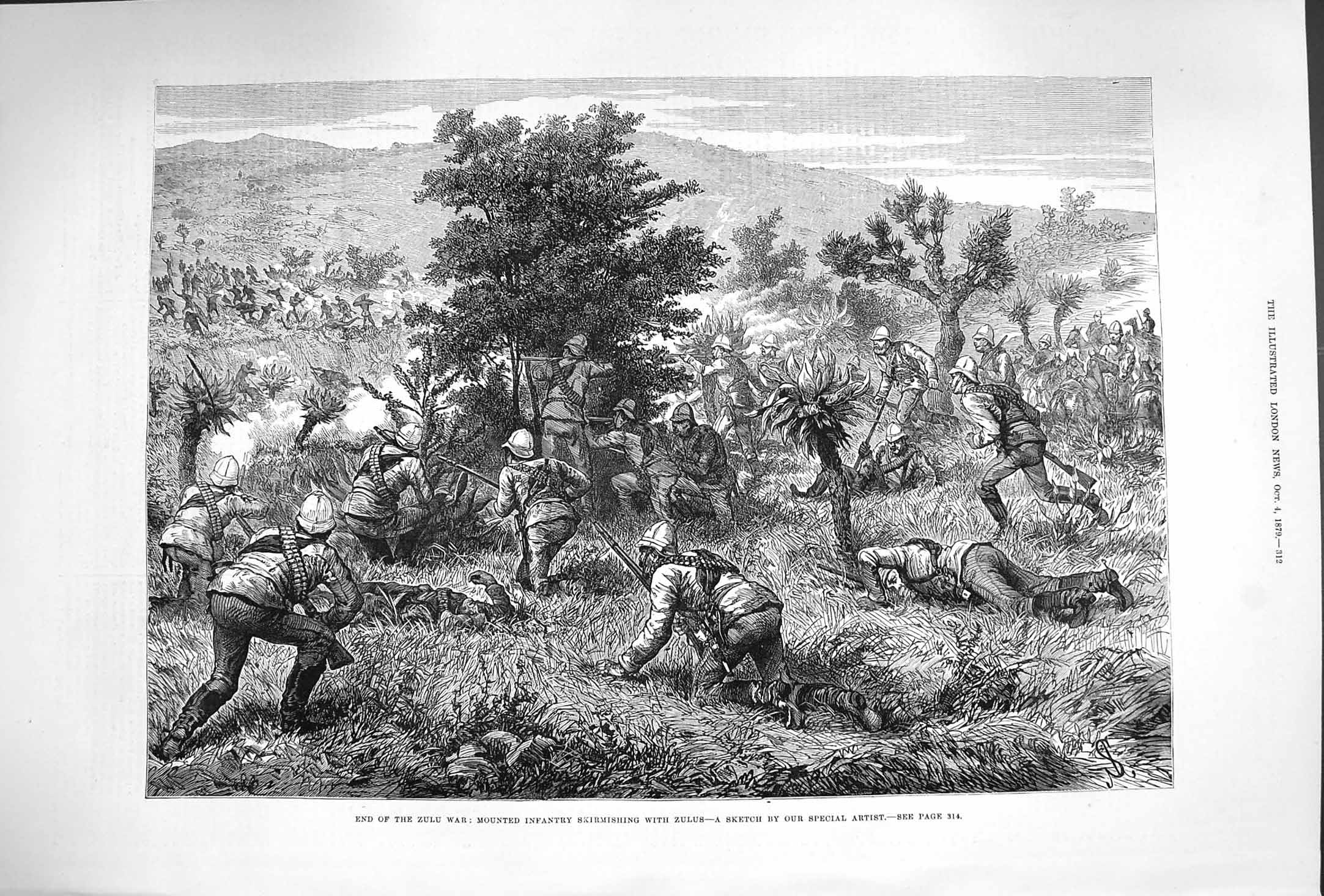 Original Old Antique Print 1879 Zulu War Mounted Infantry Skirmishin Victorian