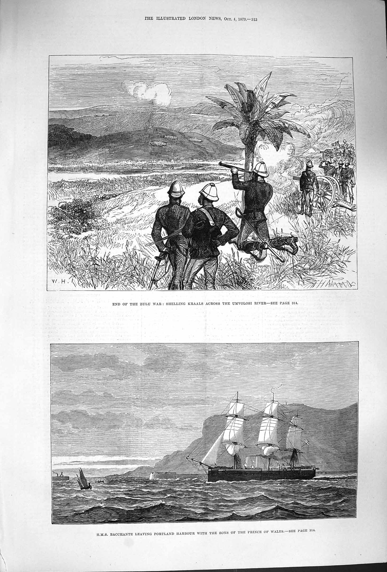 Old Antique Print 1879 Zulu War Shelling Kraals Umvolosi Ship Bacchante 19th
