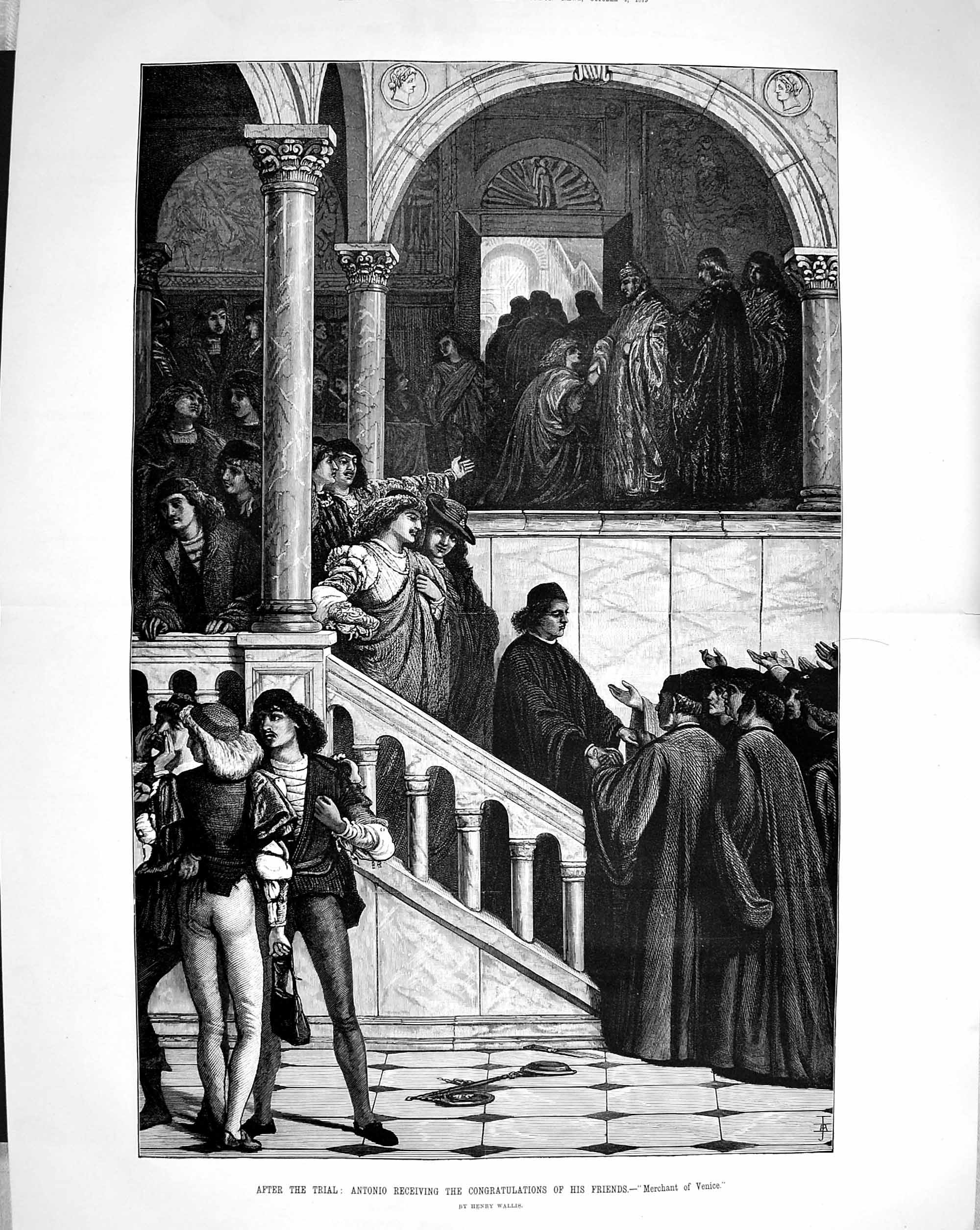 Original Old Antique Print 1879 Antonio Congratulations Friends Trial Fine Art