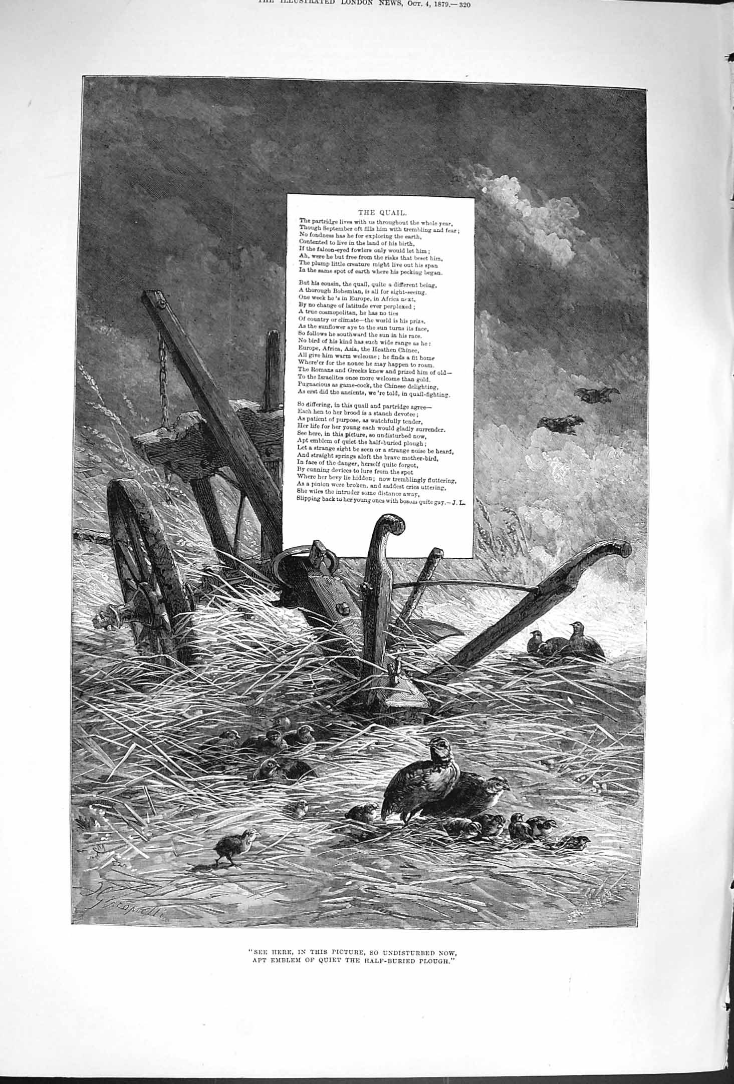 Original Old Antique Print 1879 Poem Quail Birds Agriculture Machinery 19th