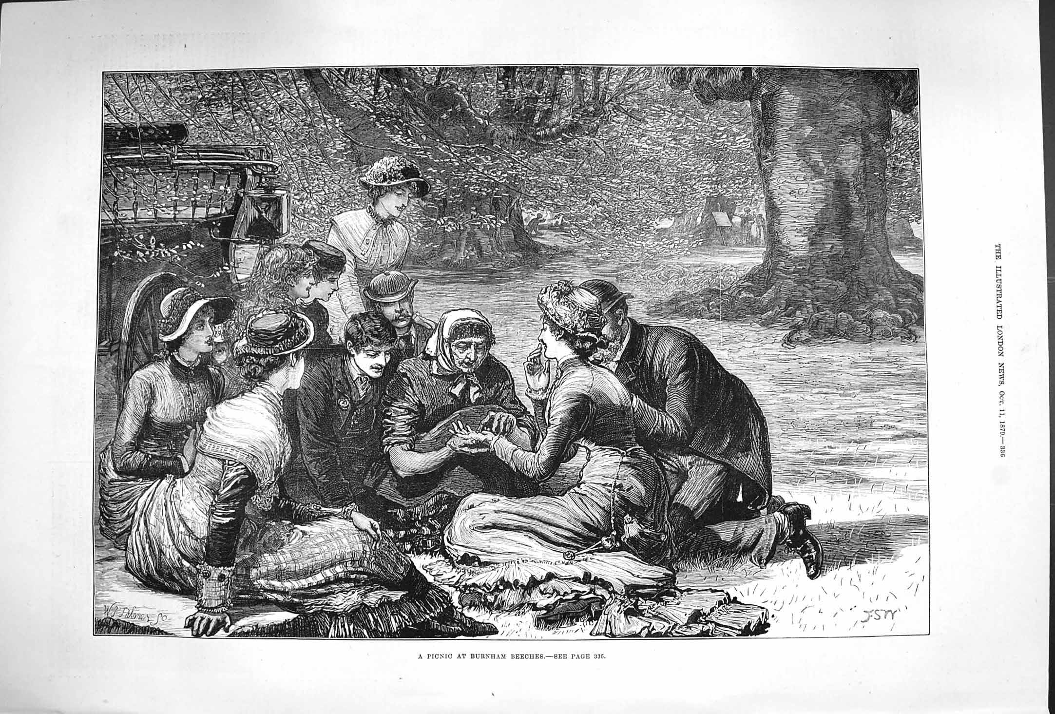 Old Antique Print 1879 Picnic Scene Burnham Beeches Fortune Teller Gipsy 19th