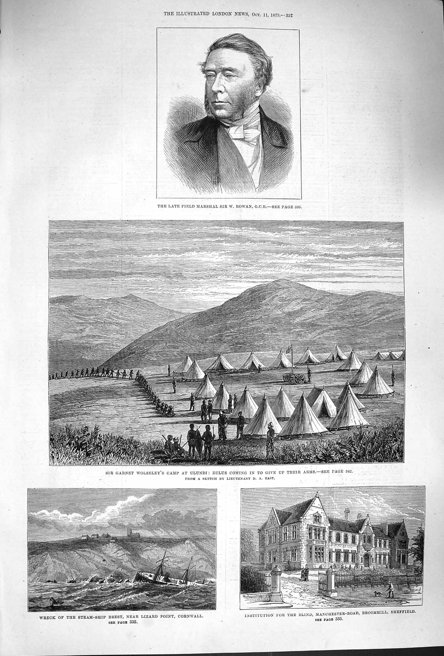 Original Old Antique Print 1879 Sir Rowan Wolseley Camp Ulundi Zulus Ship Brest