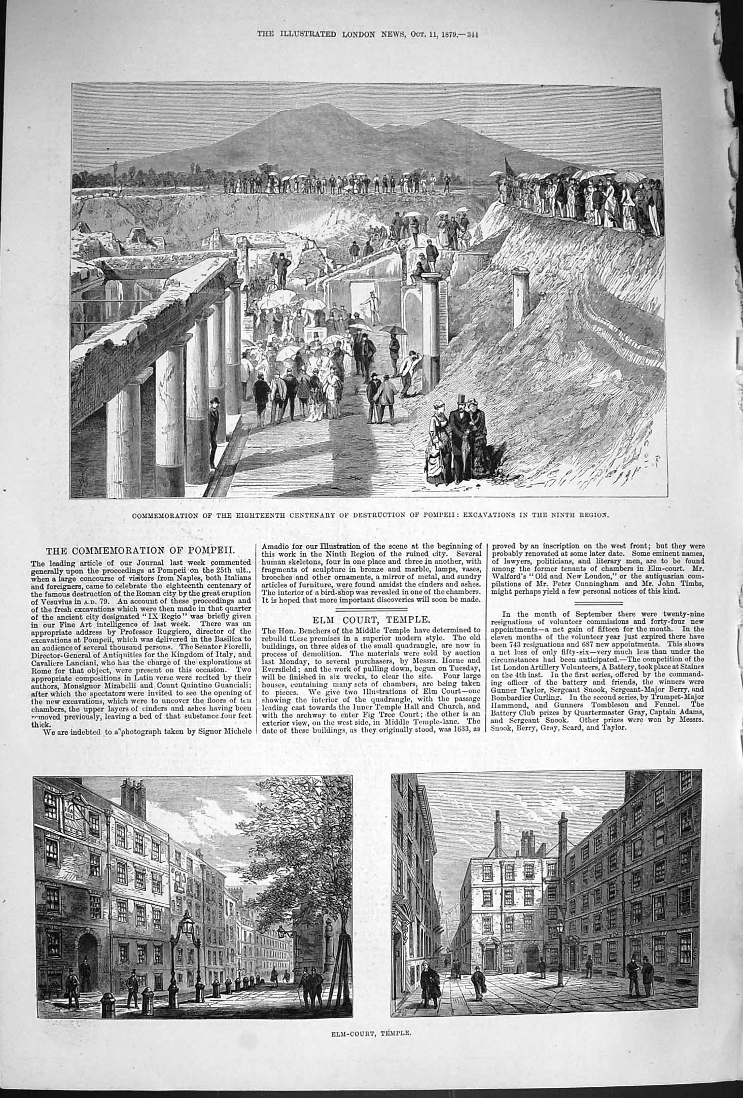 Original Old Antique Print 1879 Centenary Excavations Pompeii Elm-Court Temple