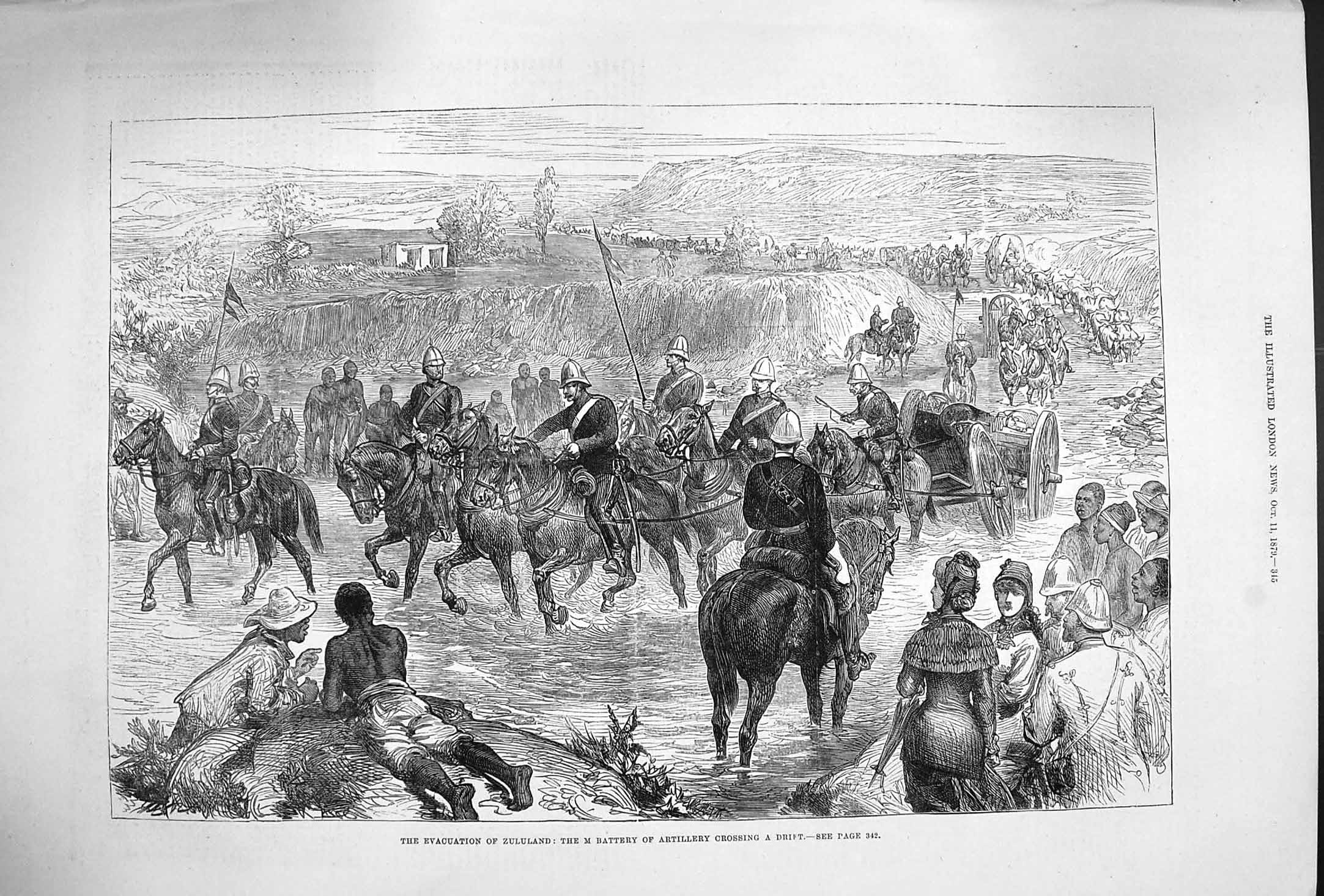 Old Antique Print 1879 Evacuation Zululand Battery Artillery Drift Army 19th