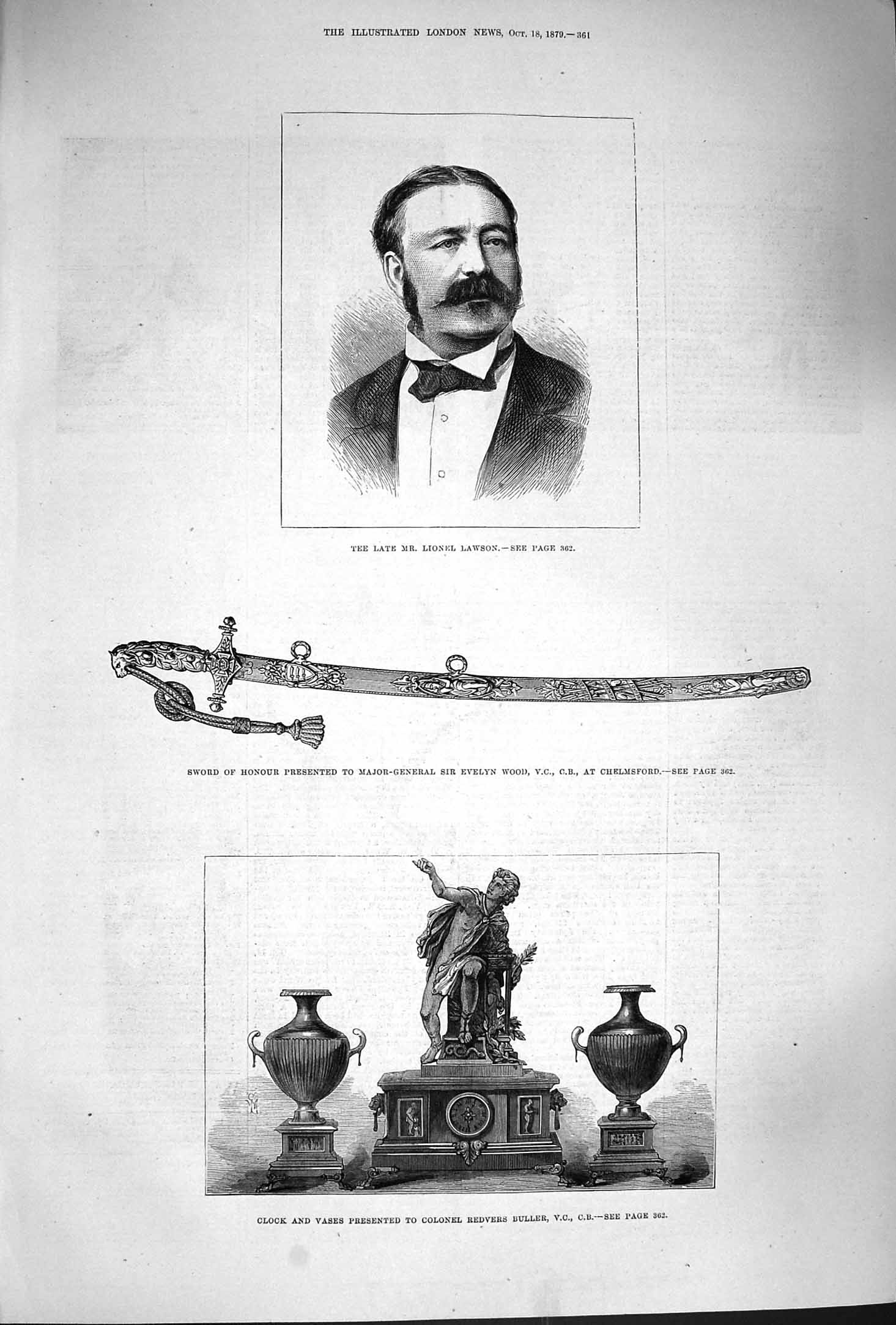 Original Old Antique Print 1879 Lionel Dawson Sword Sir Evelyn Wood Vase Buller