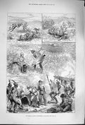Old Antique Print 1879 Artist Adventure Zululand Fire Kraal Native Horses 19th