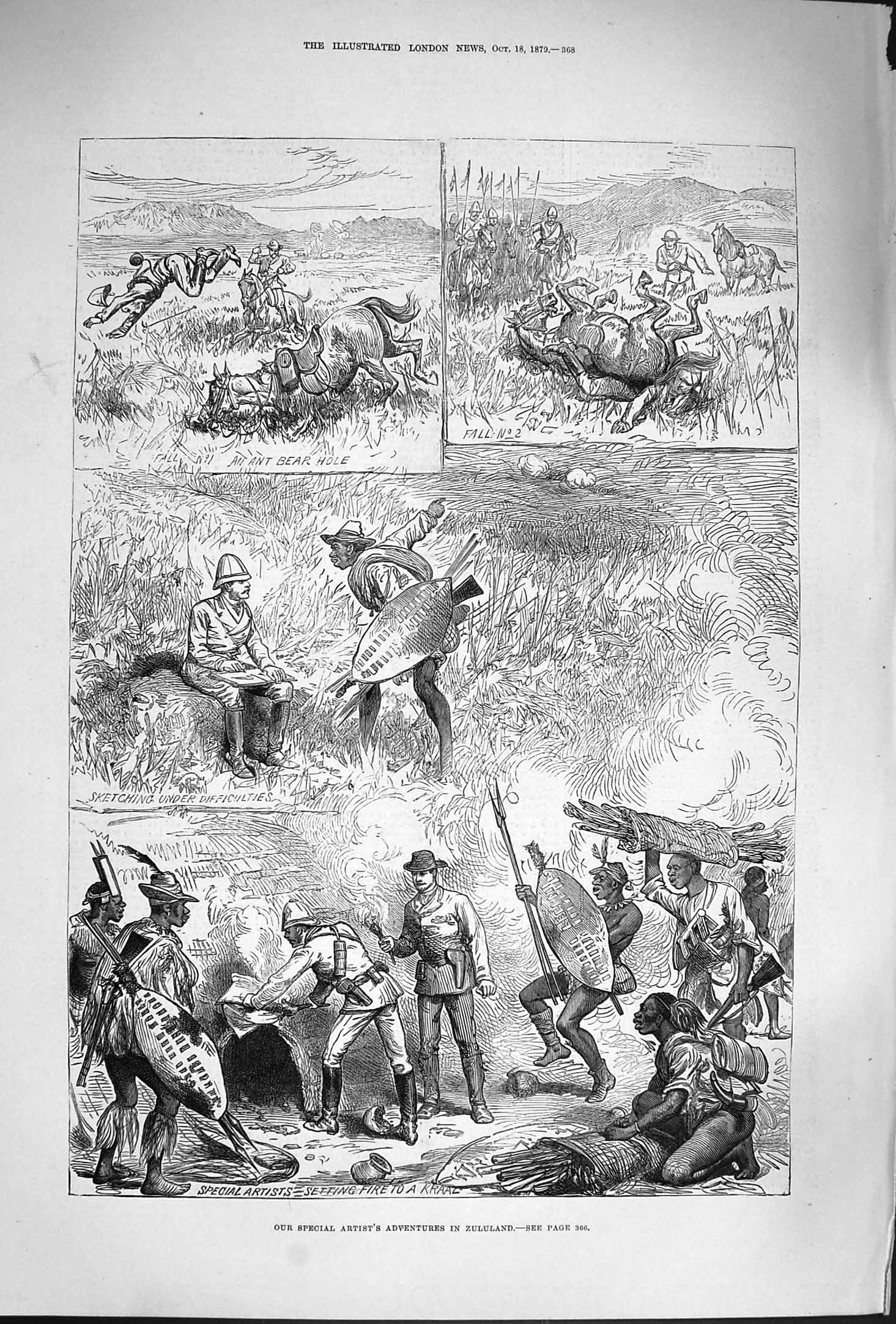 Old Antique Print 1879 Artist Adventure Zululand Fire Kraal Native Horses 19th