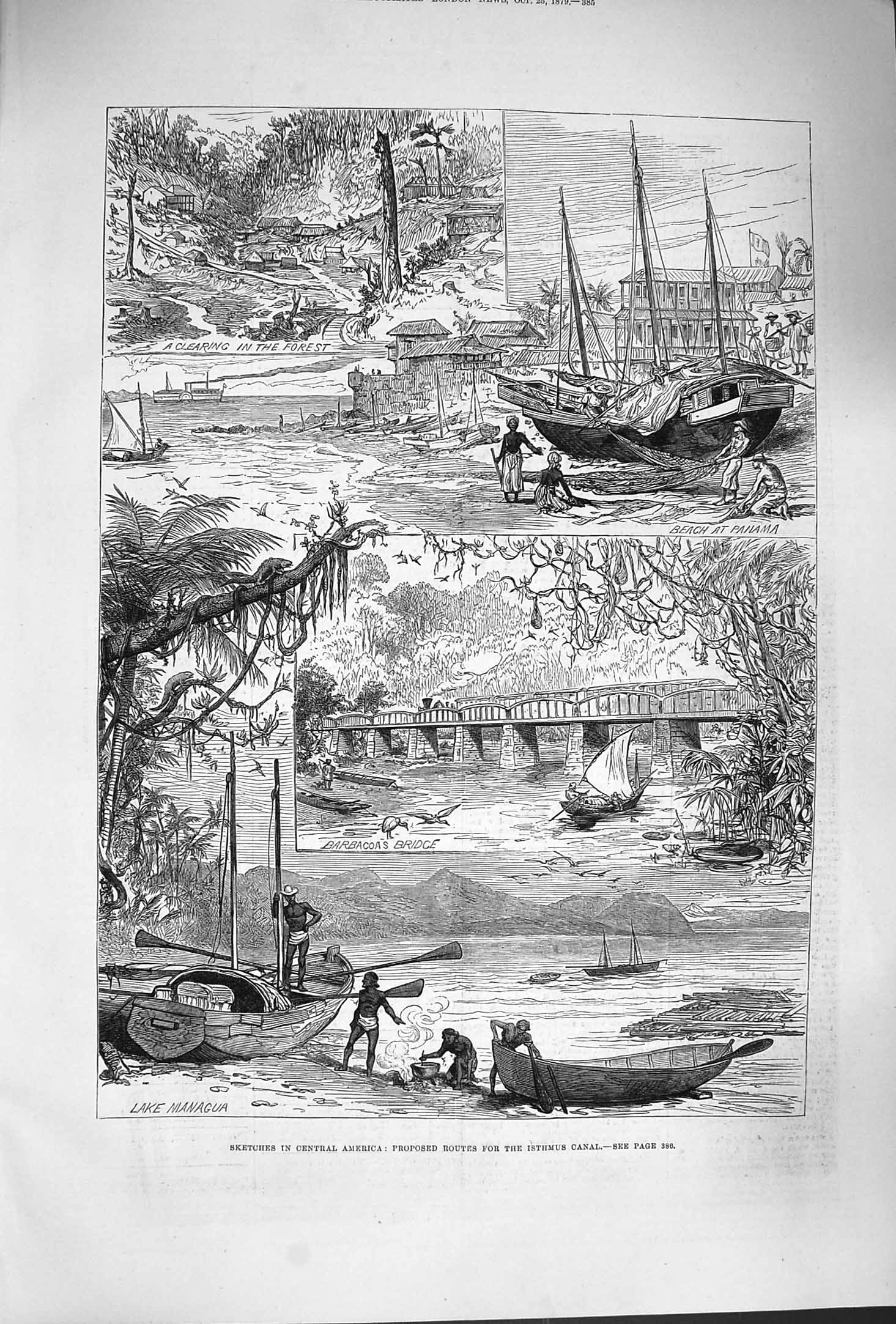 Old Antique Print 1879 America Route Isthmus Canal Lake Managua Barbacoa 19th