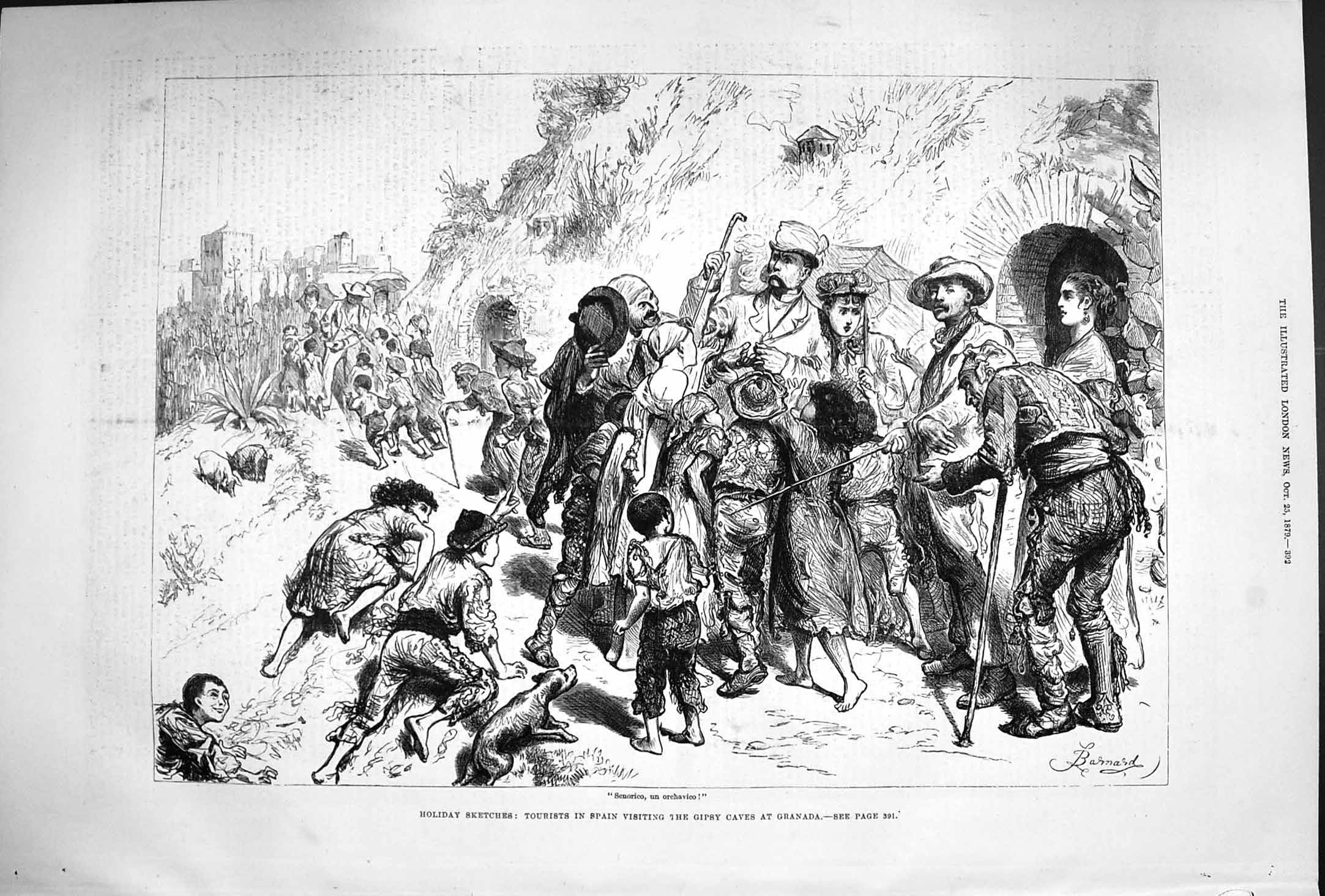 Old Antique Print 1879 Holiday Tourists Spain Gipsy Caves Granada Scene 19th
