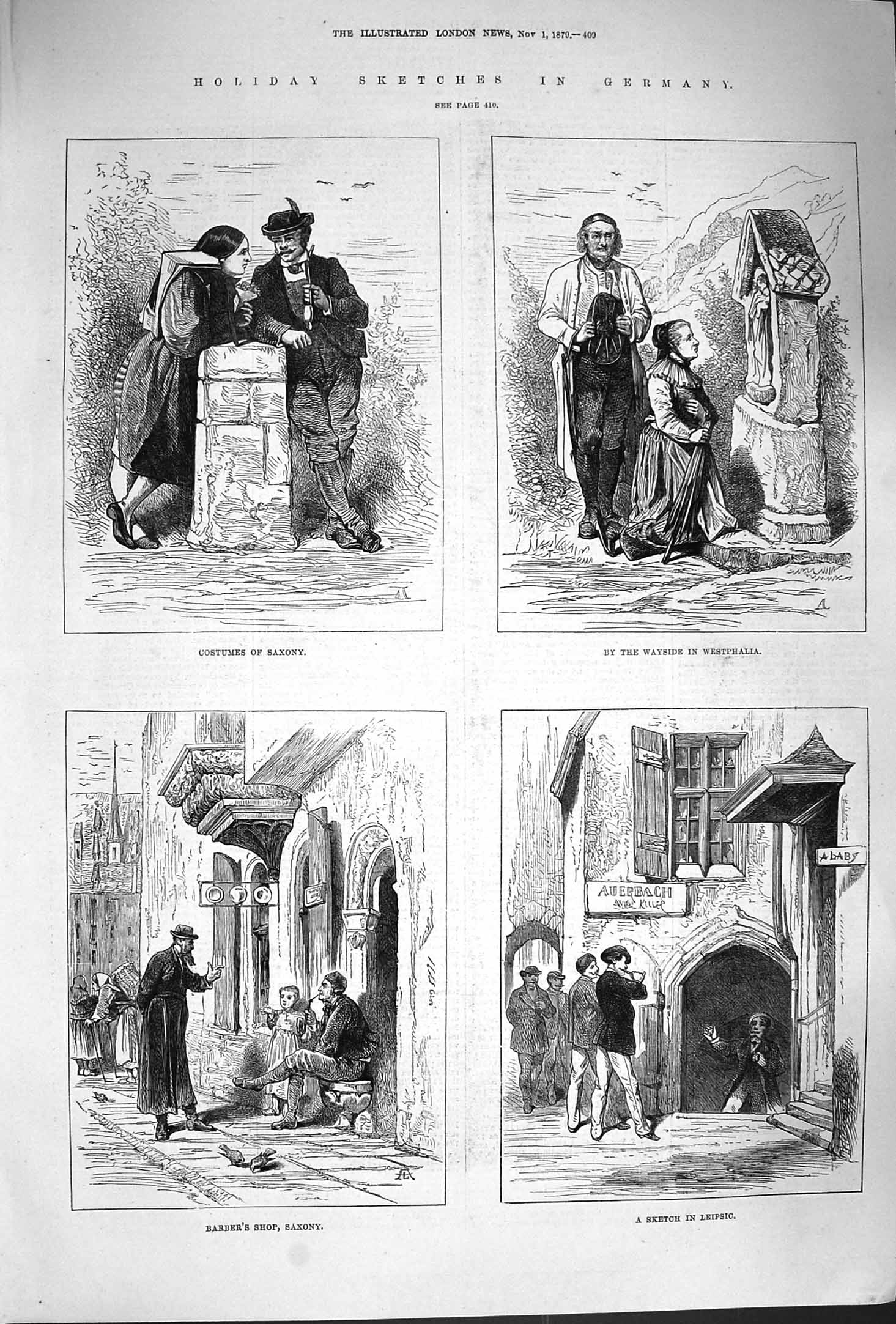 Old Antique Print 1879 Germany Costumes Saxony Westphalia Leipsic Barber 19th
