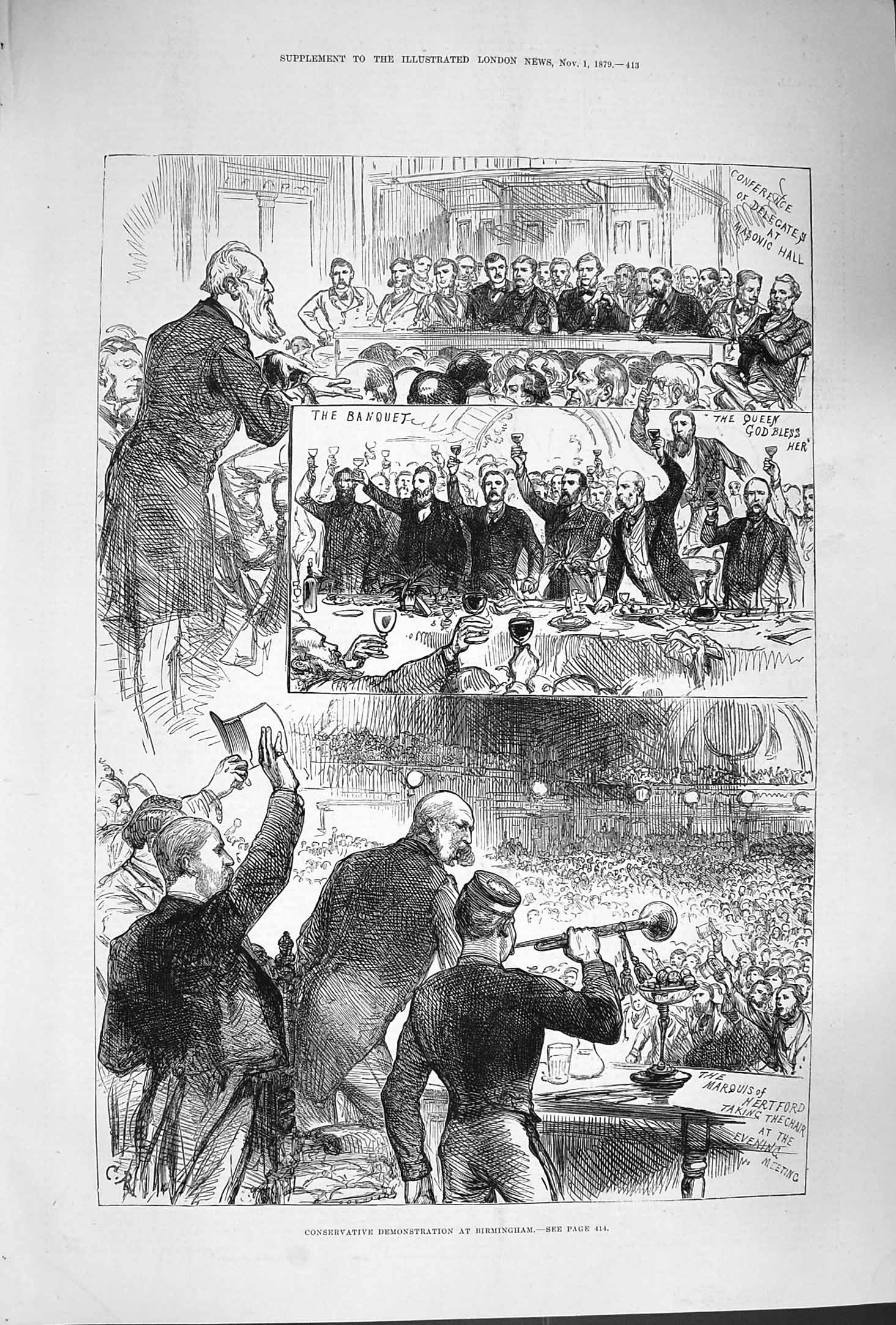 Original Old Antique Print 1879 Conservative Demonstration Birmingham Hertford