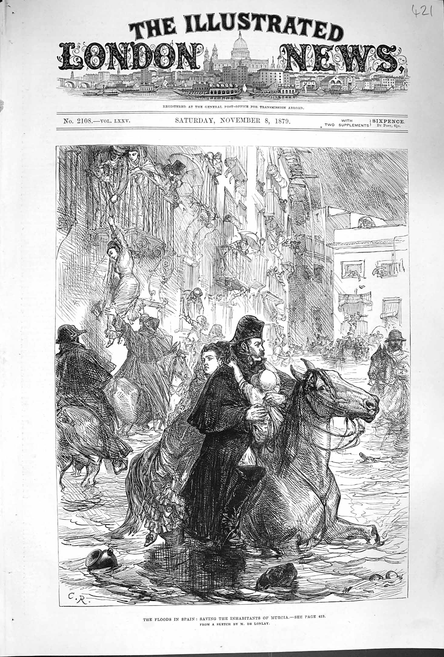 Original Old Antique Print 1879 Floods Spain Rescue Inhabitants Murcia Victorian
