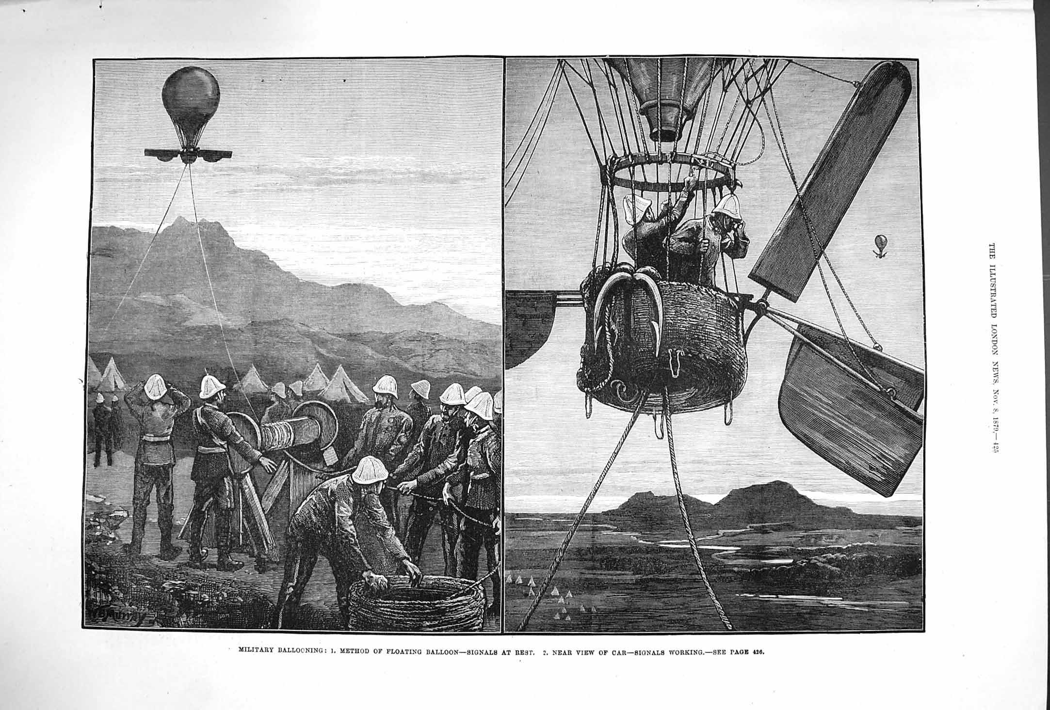 Original Old Antique Print 1879 Military Balloon Car Floating Signals Siers War