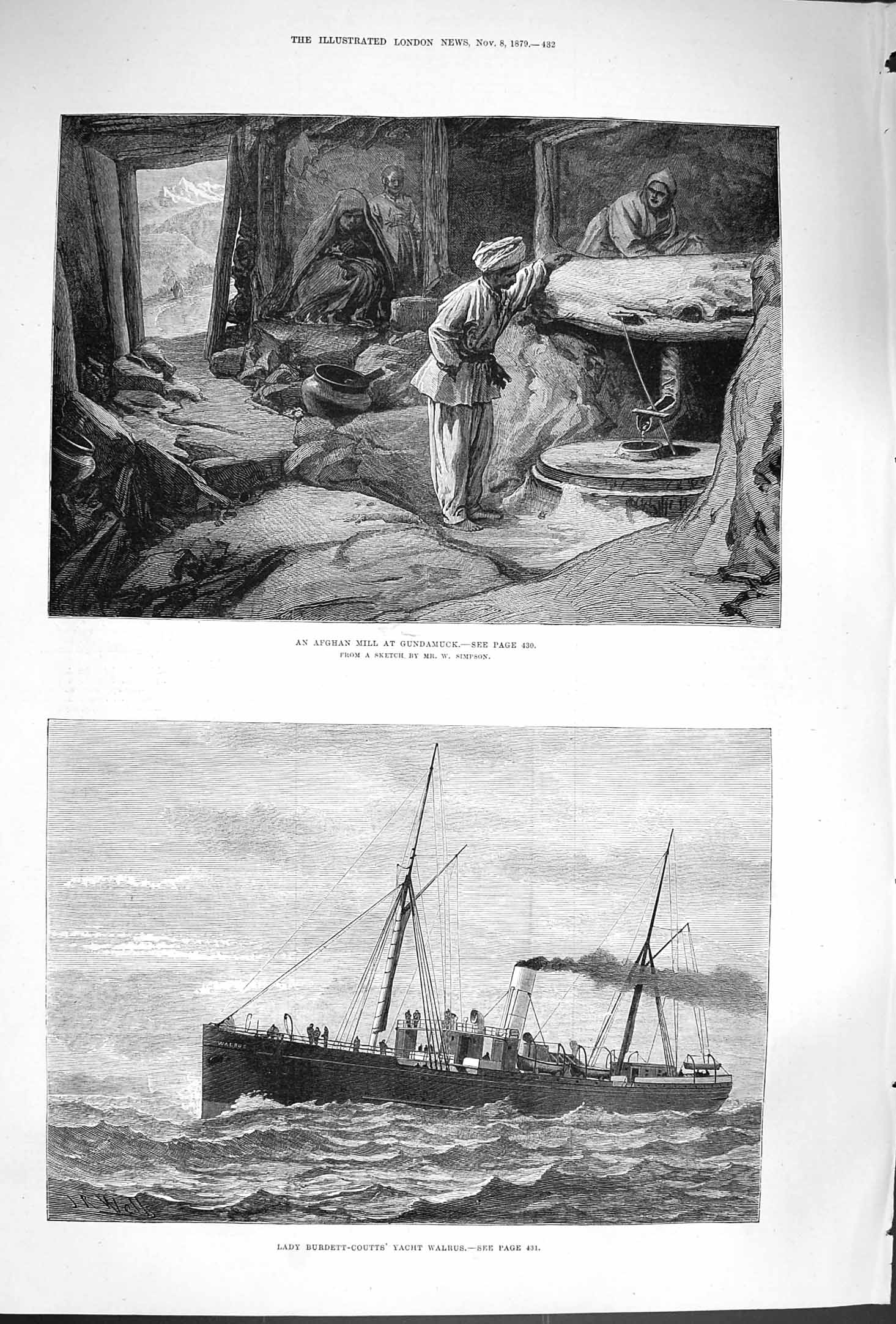Old Antique Print 1879 Afghan Mill Gundamuck Burdett-Coutts Yacht Walrus 19th