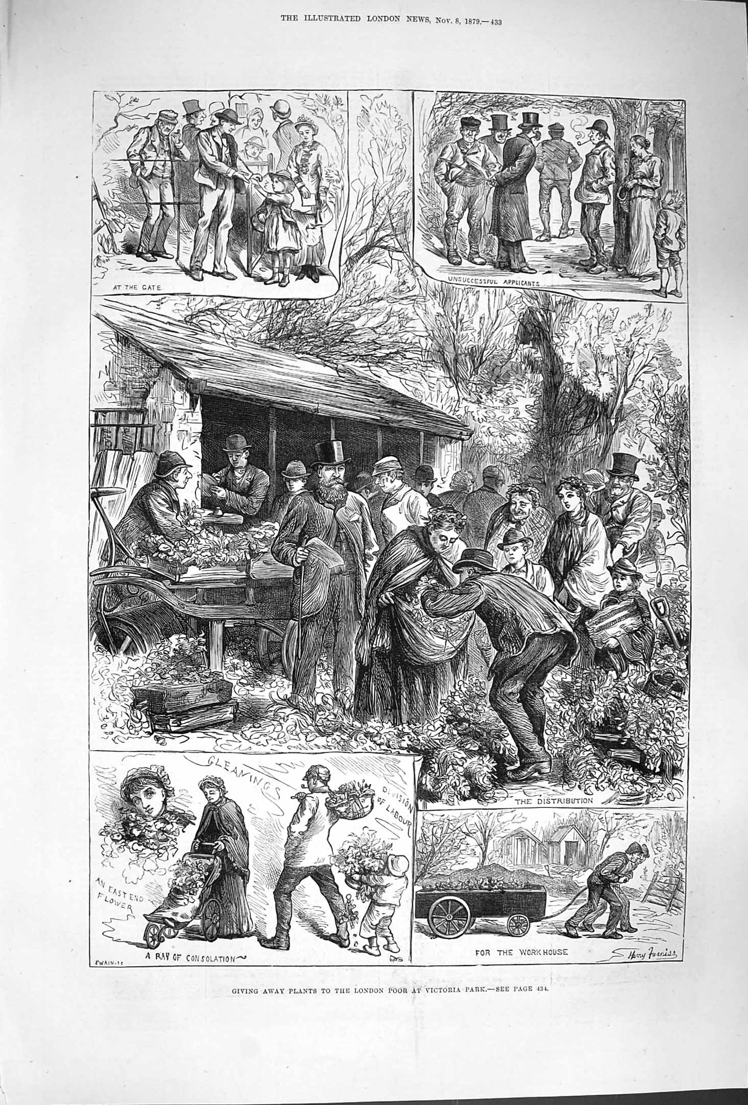 Original Old Antique Print 1879 Giving Away Plants London Poor Victoria Park