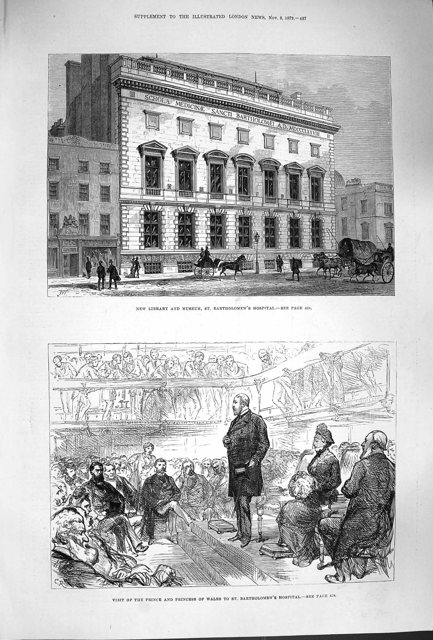 Old Antique Print 1879 Library Museum Bartholomews Hospital Prince Wales 19th