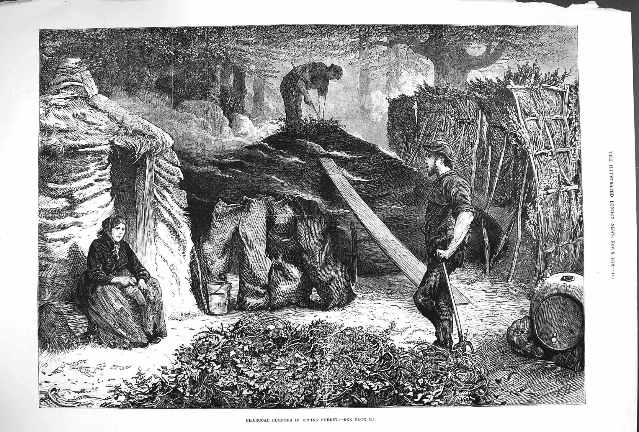 Old Antique Print 1879 Charcoal Burners Epping Forest Industry Fine Art 19th