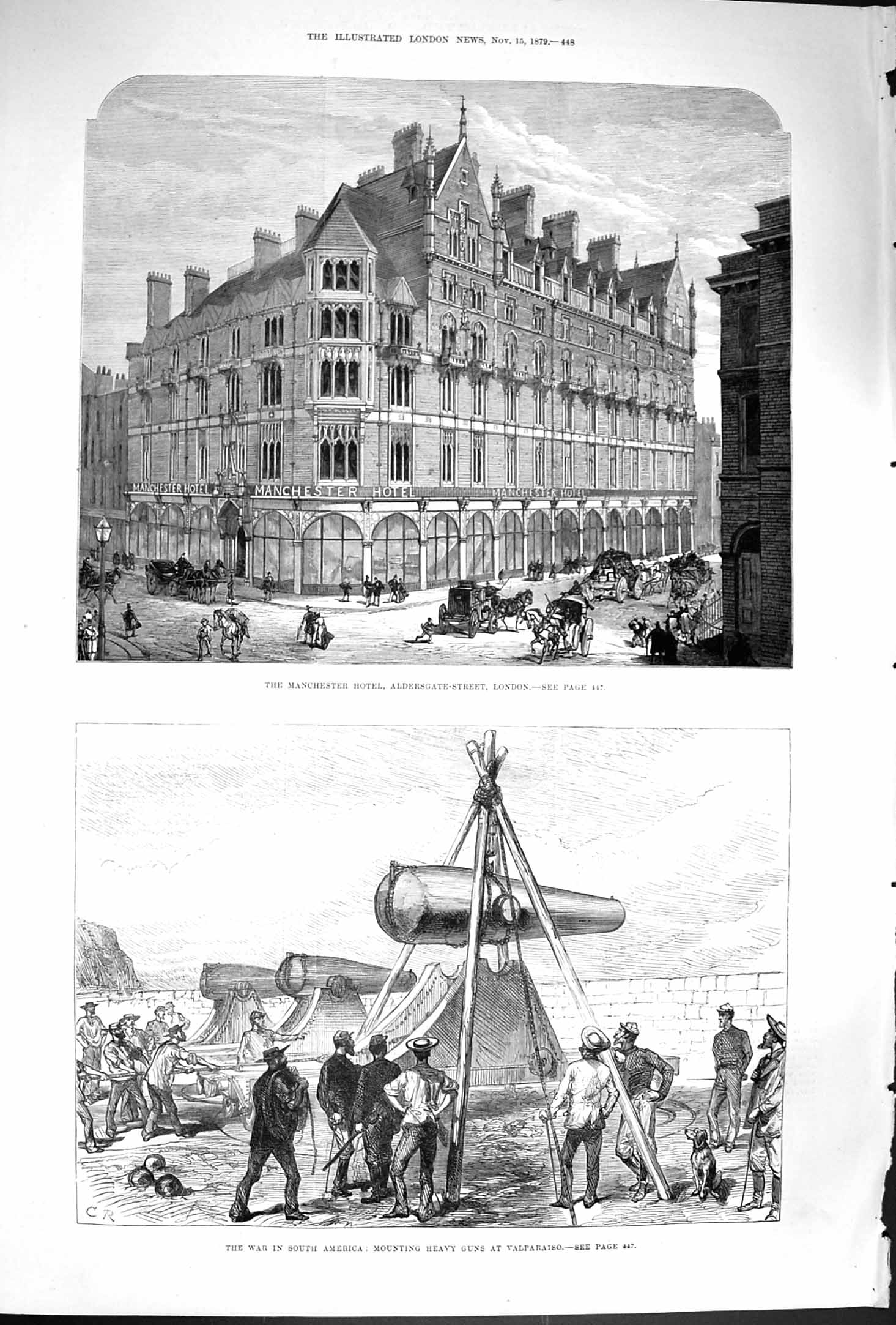 Old Antique Print 1879 Manchester Hotel London War America Valparaiso Gun 19th