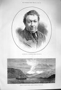 Original Old Antique Print 1879 Buckstone Comedian Volcano Smyth Magellan Ship