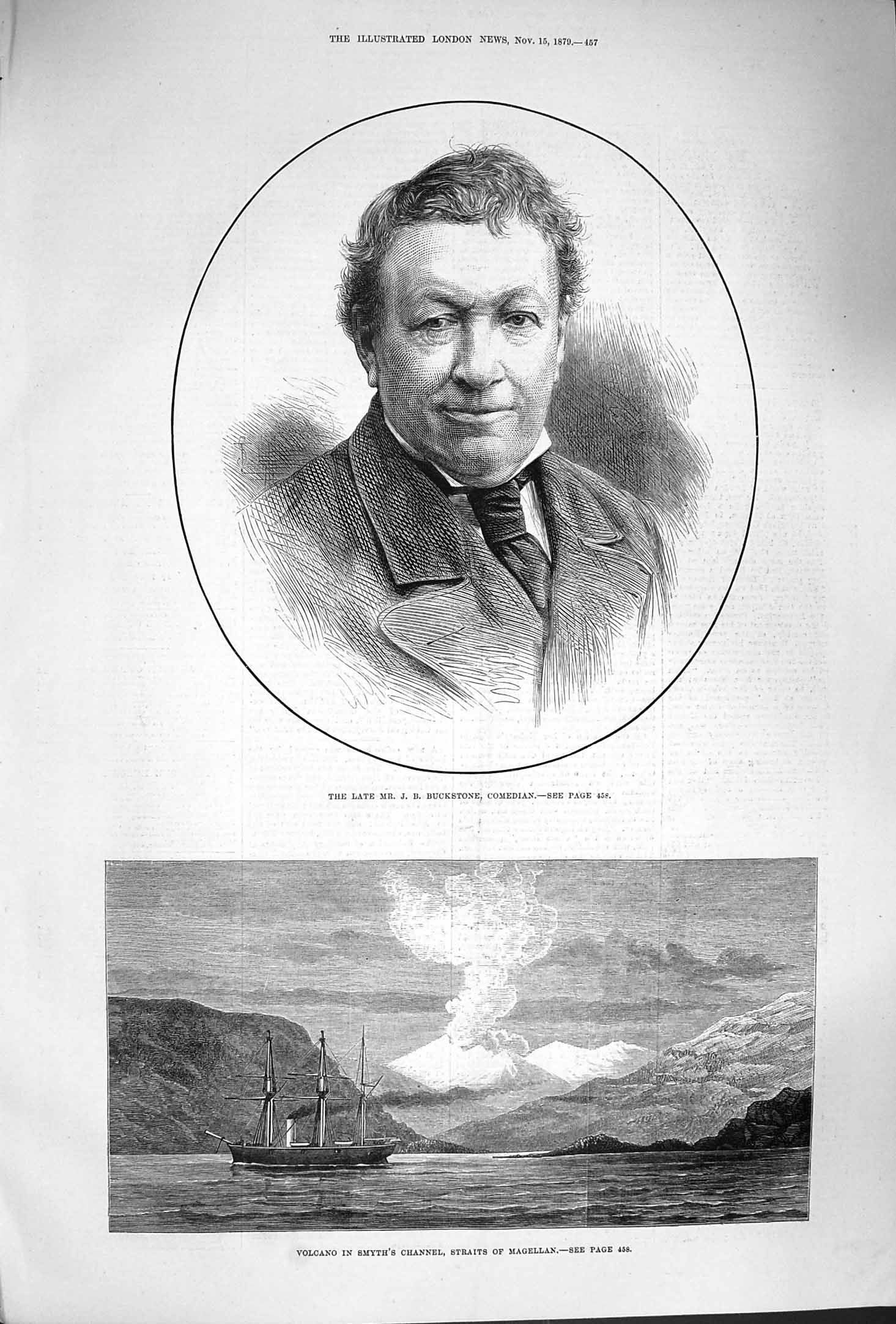 Original Old Antique Print 1879 Buckstone Comedian Volcano Smyth Magellan Ship