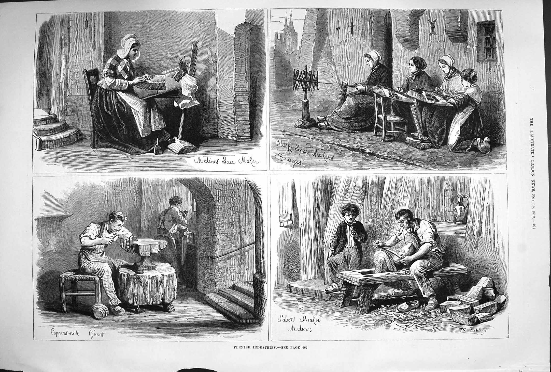 Old Antique Print 1879 Flemish Industries Coppersmith Lace Maker Sabots 19th