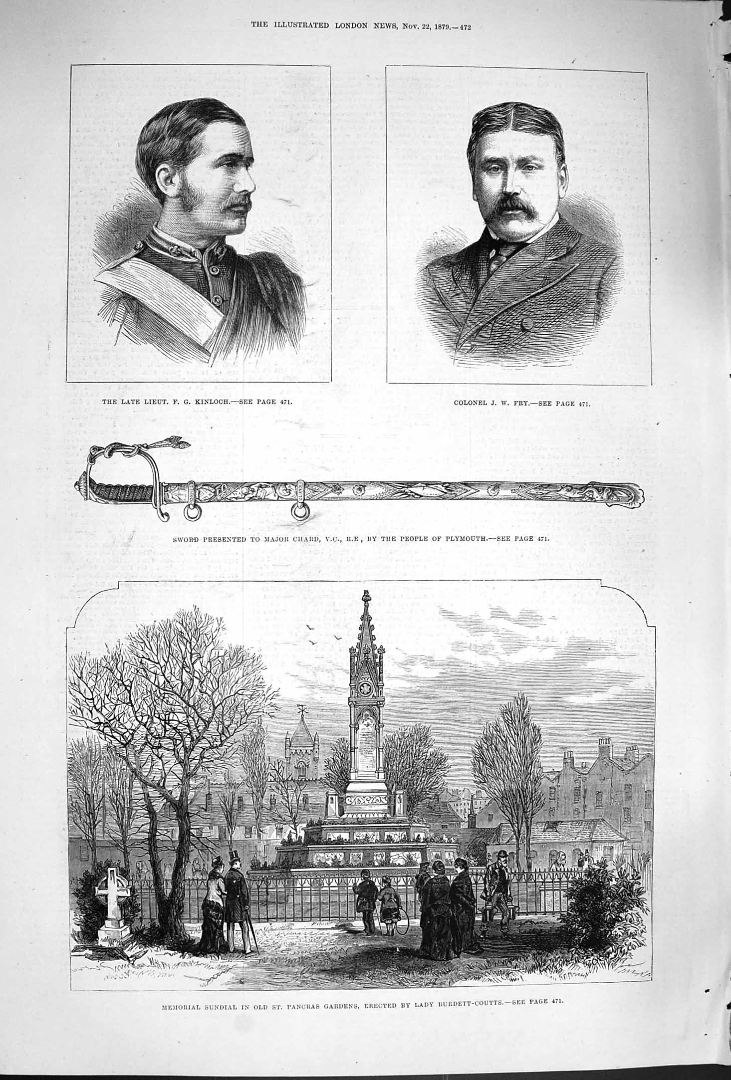 Old Antique Print 1879 Kinloch Fry Sundial Pancras Gardens Burdett-Coutts 19th