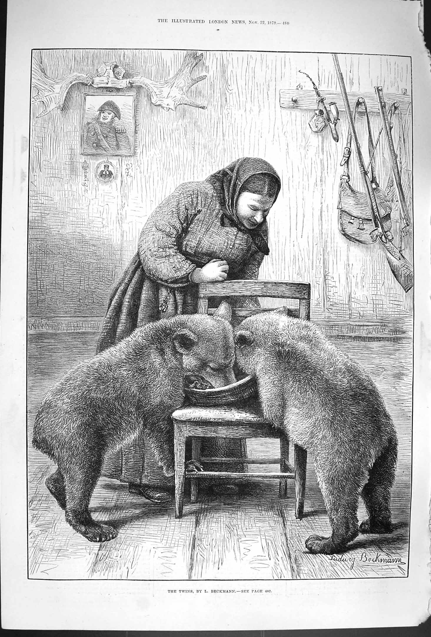 Original Old Antique Print Lady Hunting Rifles Wild Bears 1879 Twins Beckmann