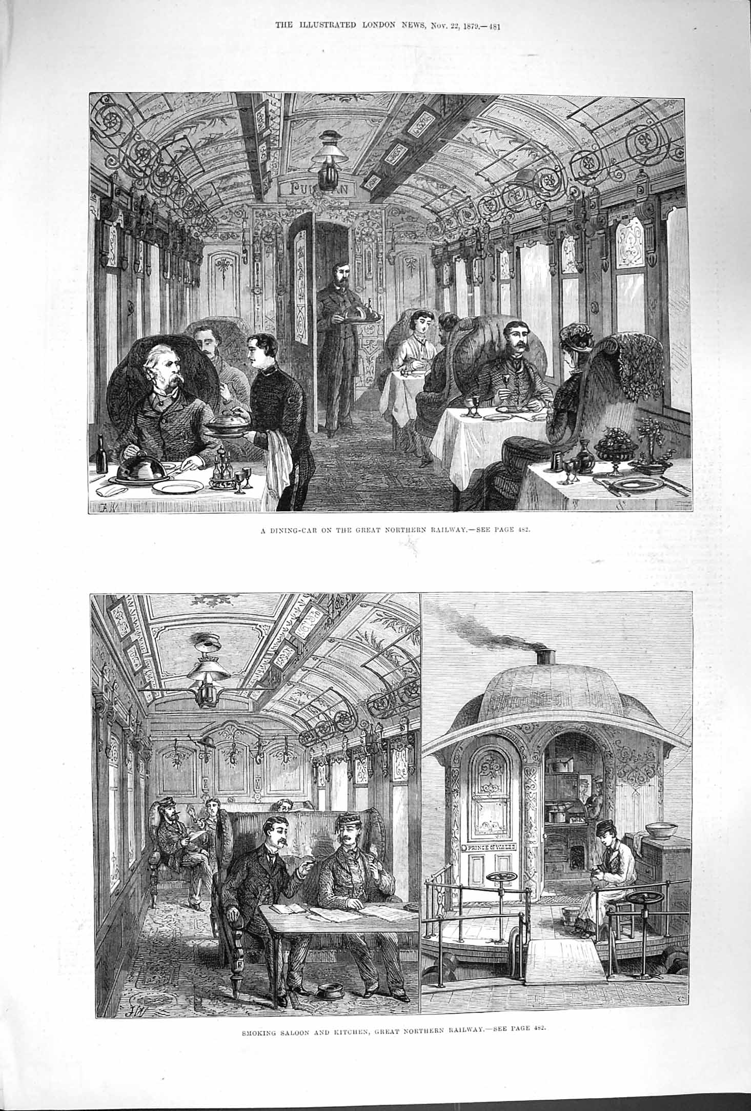 Old Antique Print 1879 Dining-Car Great Northern Railway Kitchen Saloon 19th