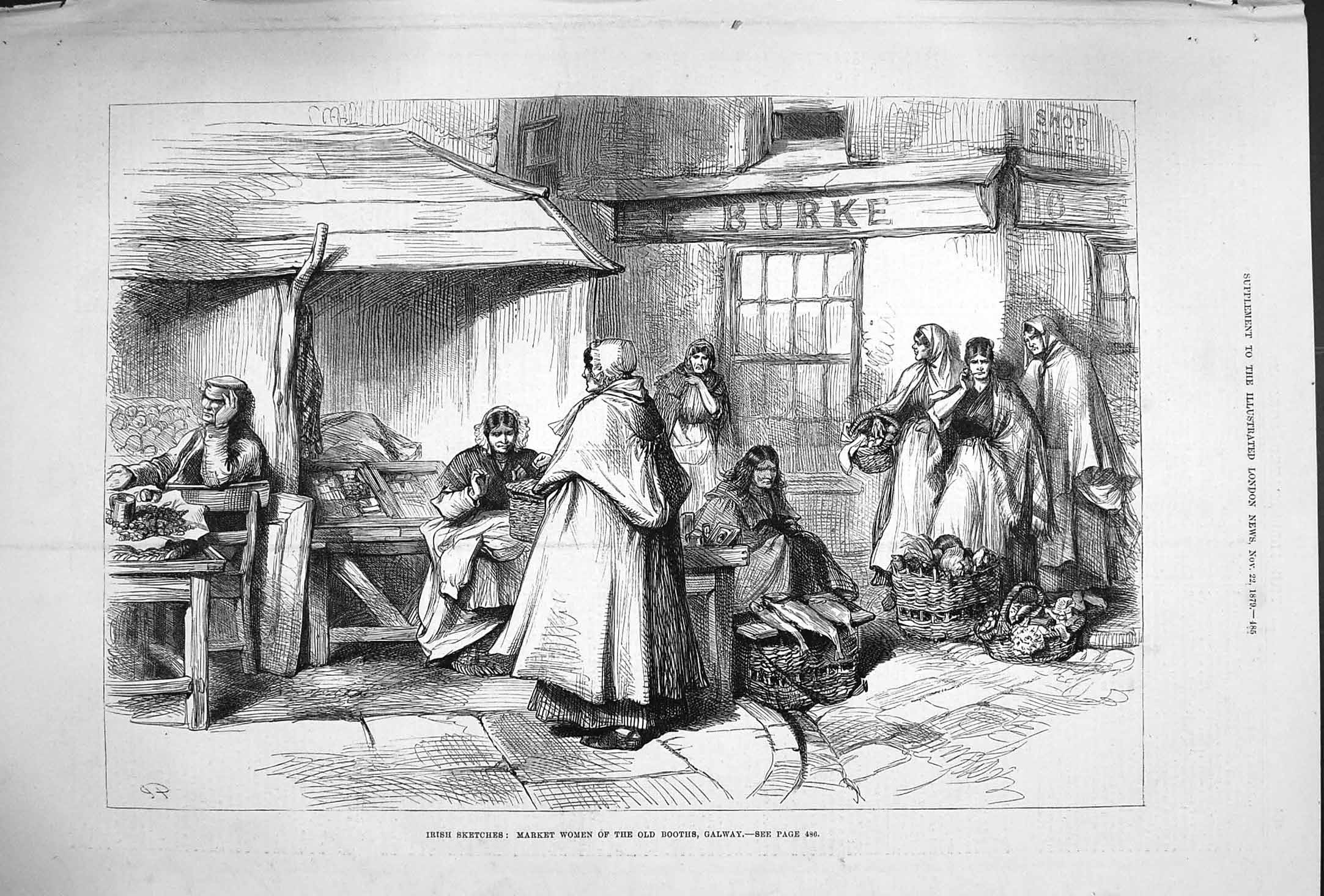 Original Old Antique Print 1879 Ireland Street Market Women Booths Victorian