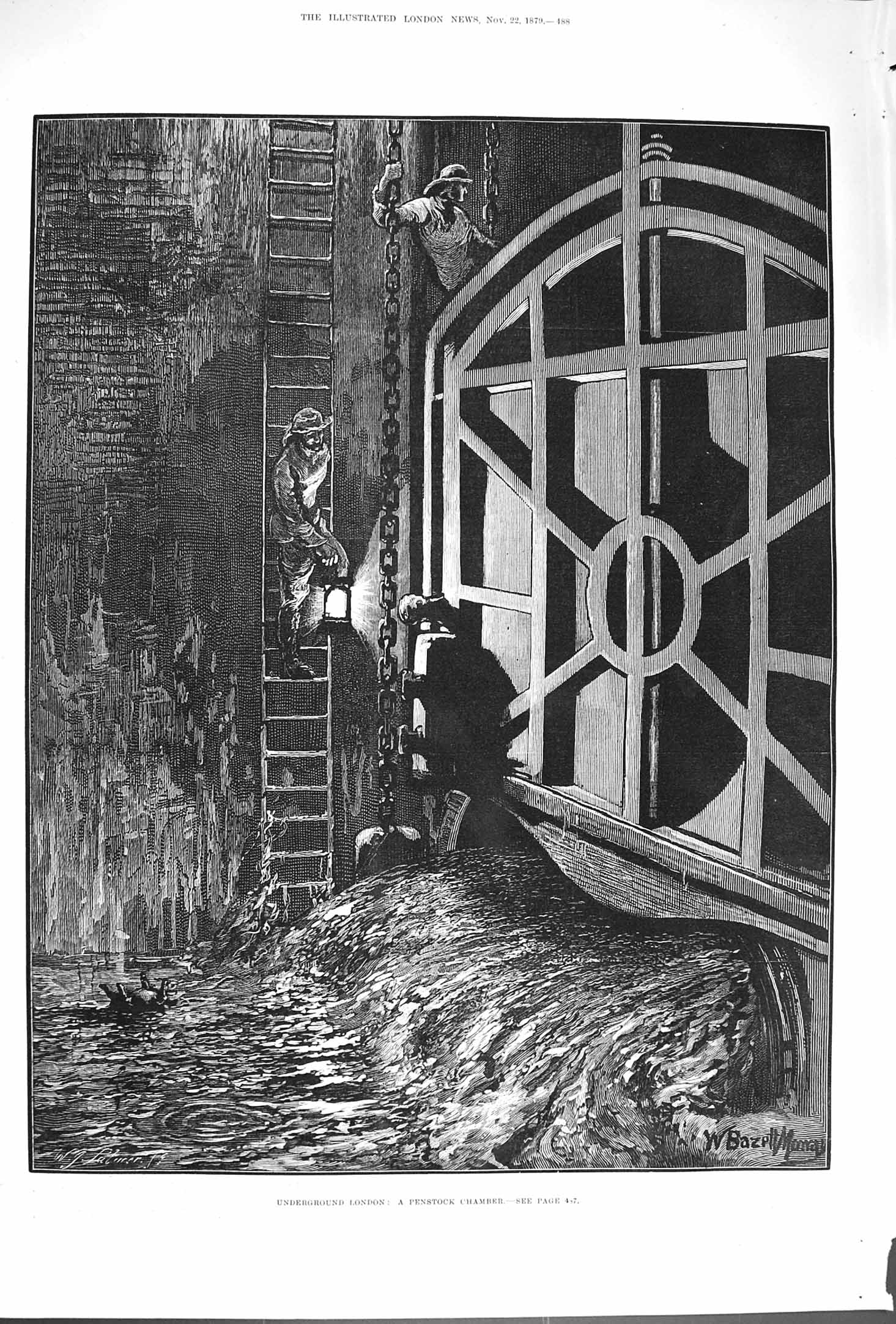 Old Antique Print *3342 1879 Underground London Penstock Chamber Fine Art