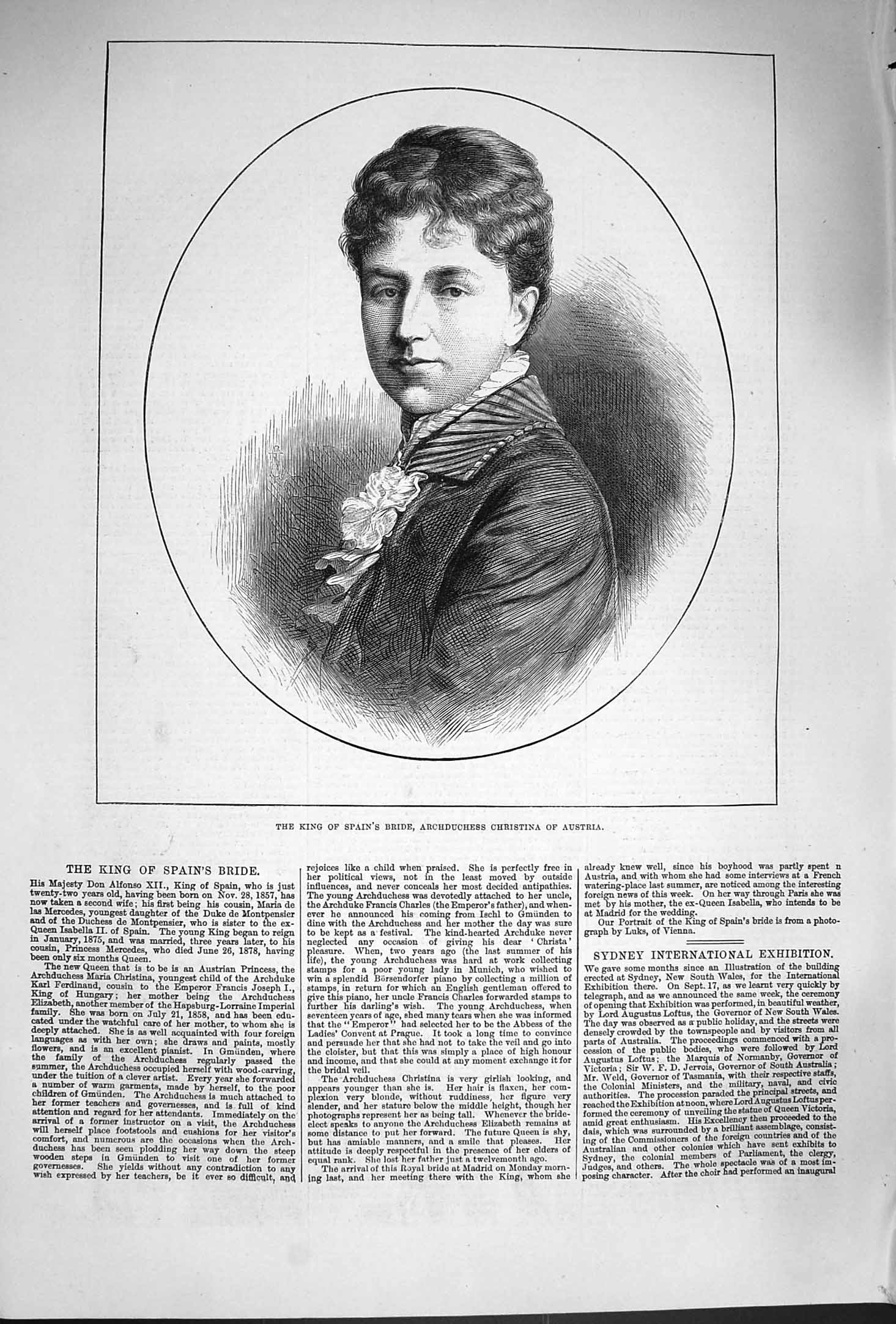 Original Old Antique Print 1879 King Spain Bride Archduchess Christina Austria