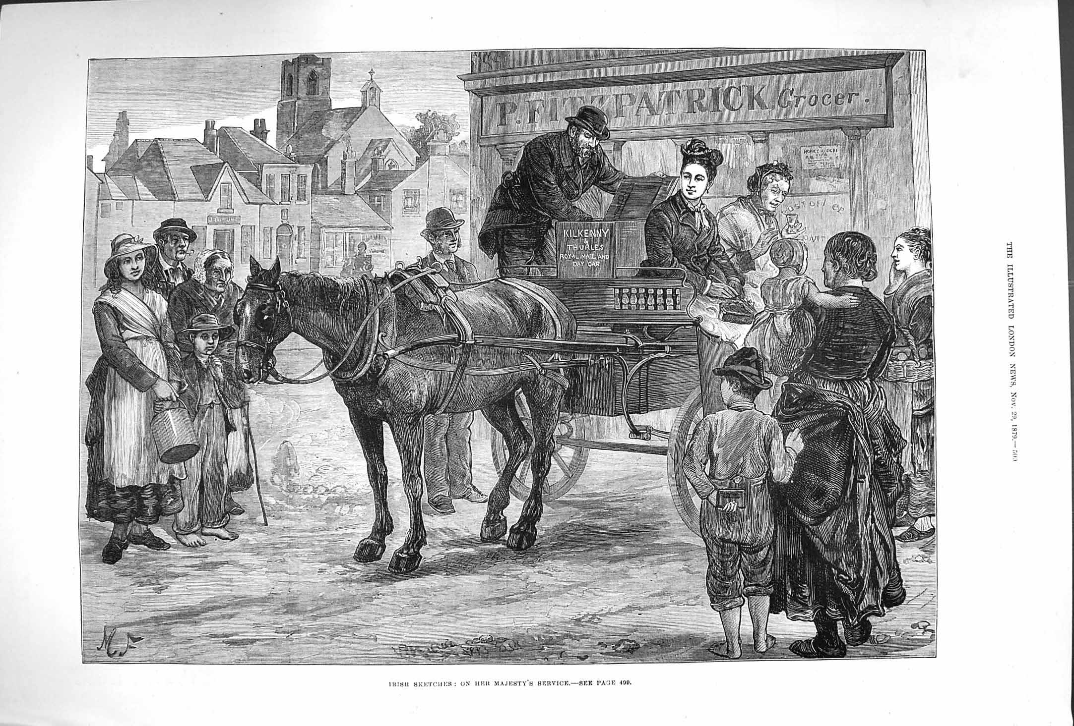 Original Old Antique Print 1879 Ireland Killkenny Royal Mail Day Car Fine Art