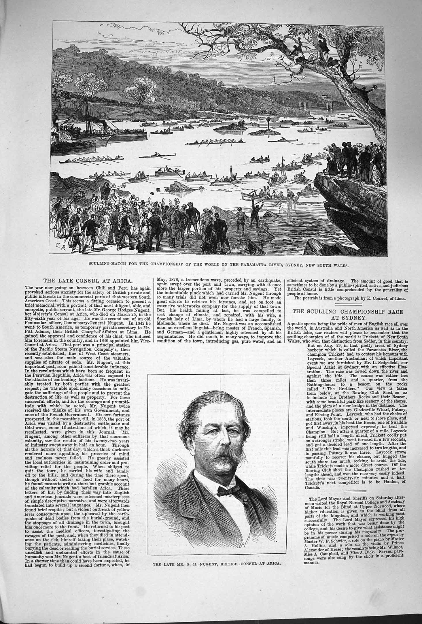 Old Antique Print 1879 Nugent Arica Sculling Match Paramatta River Sydney 19th