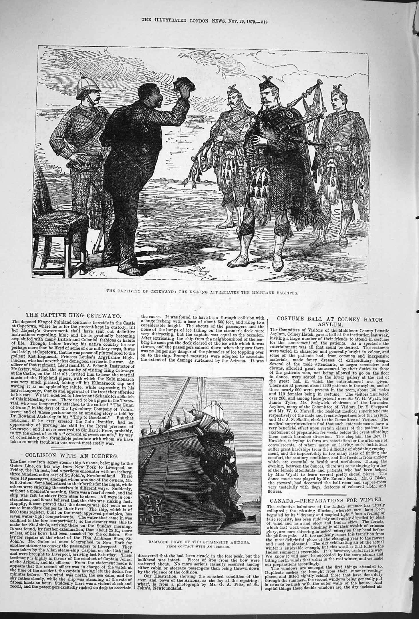 Original Old Antique Print 1879 Cetewayo Ex-King Highland Bagpipes Ship Arizona