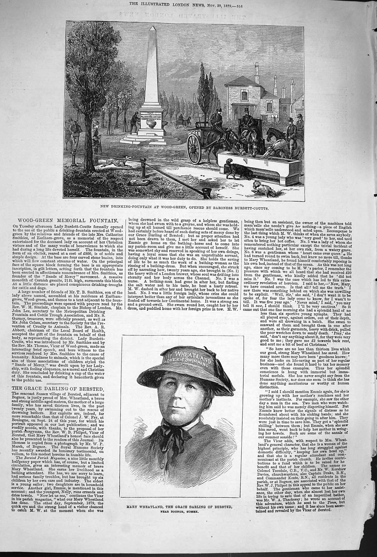 Original Old Antique Print 1879 Drinking Fountain Burdett-Coutts Mary Wheatland