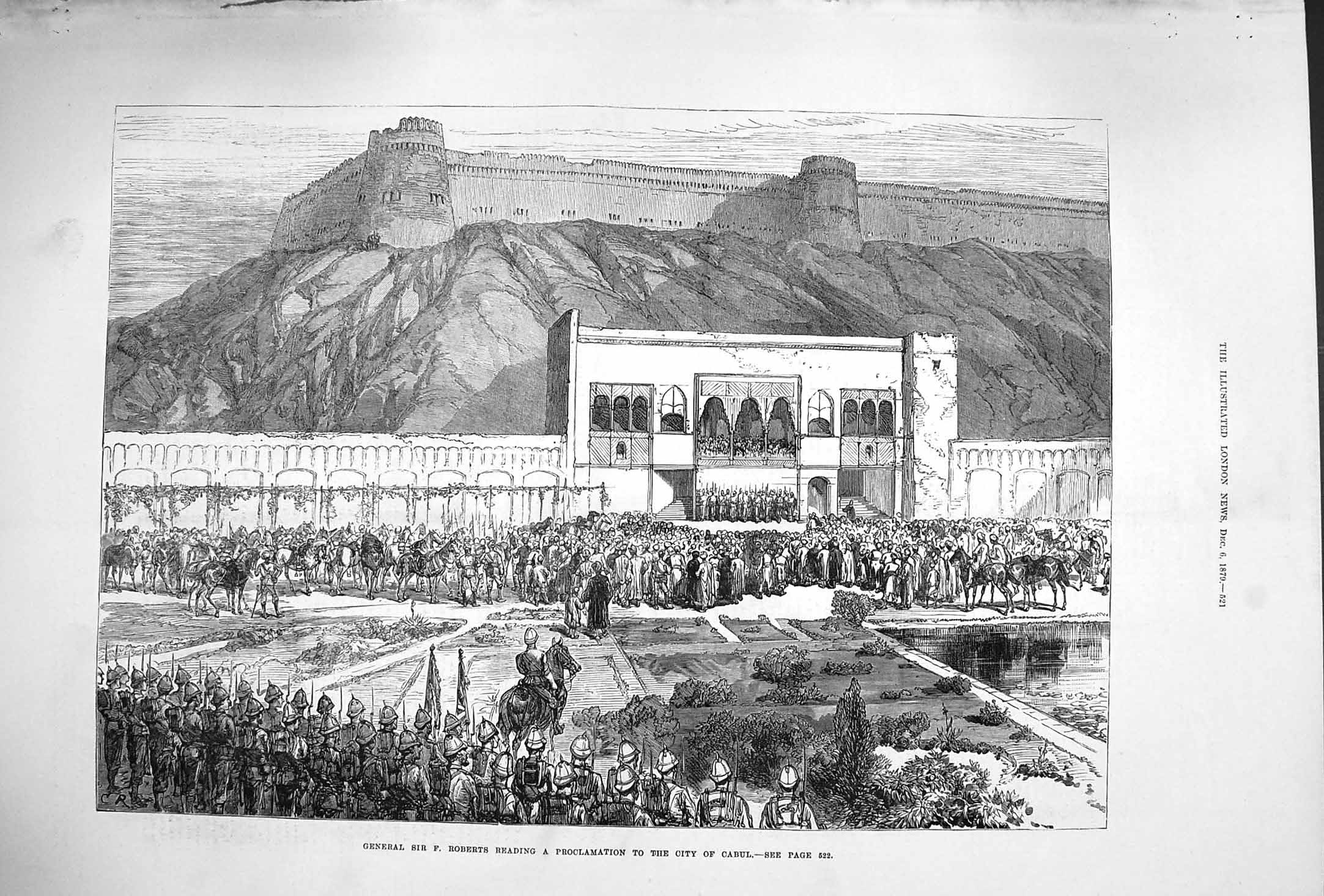 Original Old Antique Print 1879 Scene General Roberts Proclamation City Cabul