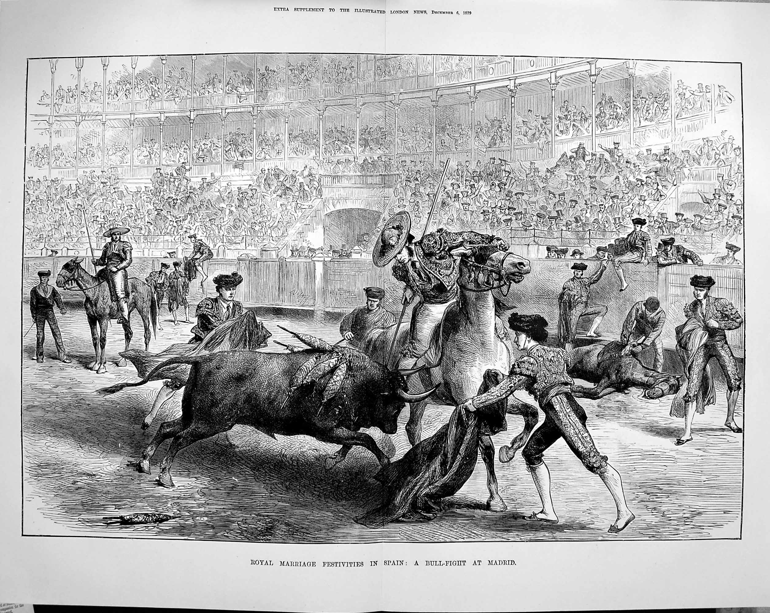 Old Antique Print 1879 Royal Wedding Festivities Spain Bull Fight Madrid 19th