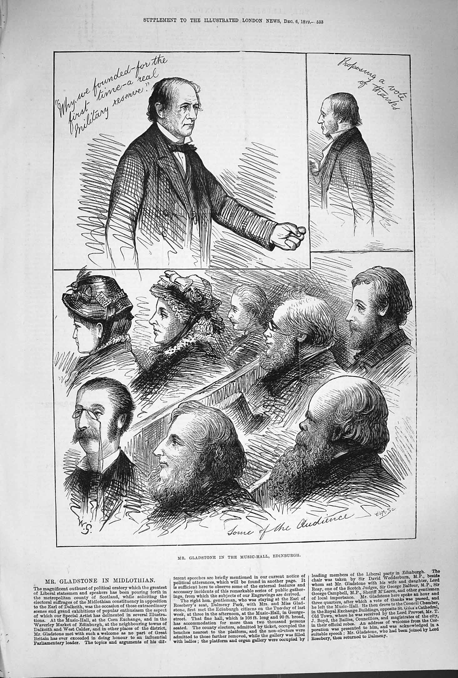 Original Old Antique Print 1879 Mr. Gladstone Music Hall Edinburgh Audience