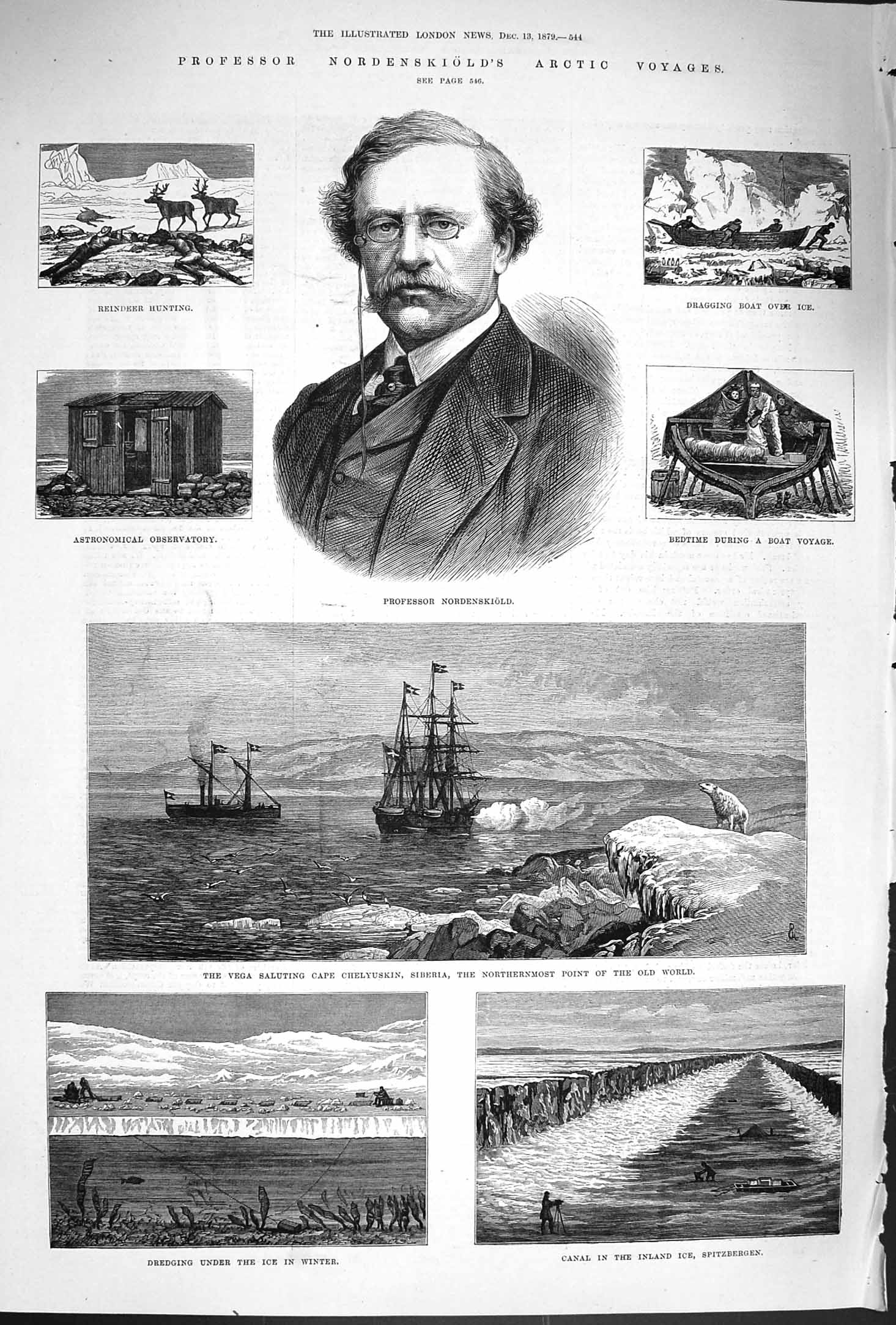Original Old Antique Print 1879 NordenskiArctic Ship Vega Chelyuskin Siberia