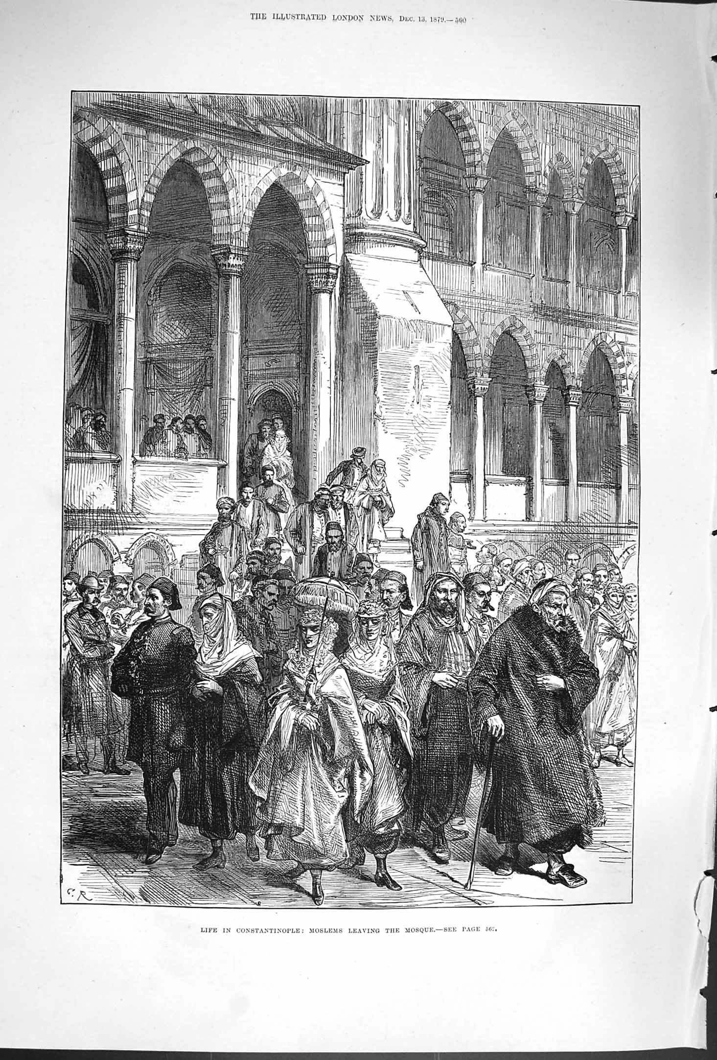 Old Antique Print 1879 Life Constantinople Scene Moselms Leaving Mosque 19th