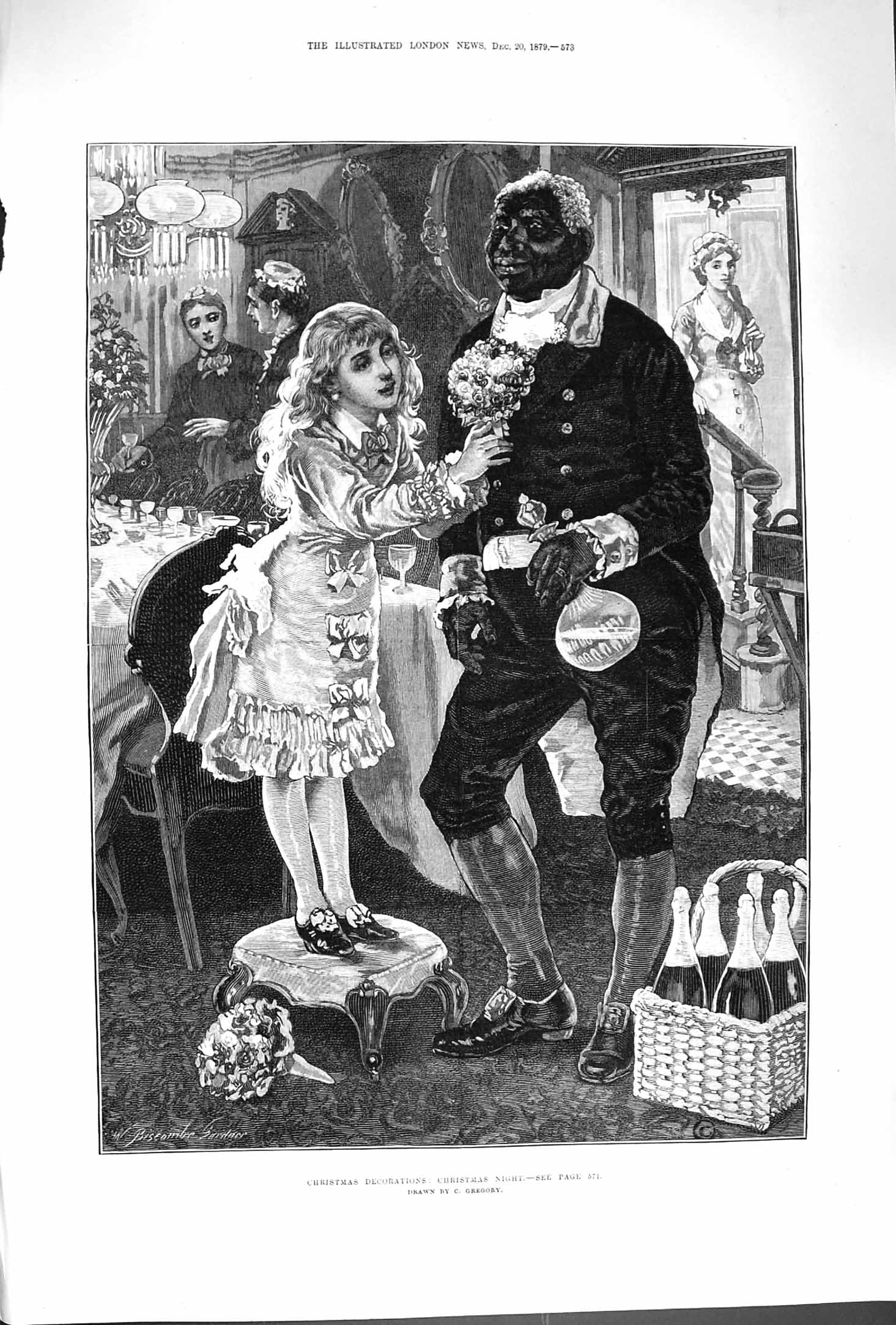 Original Old Antique Print 1879 Christmas Decorations Native Servant Man Girl