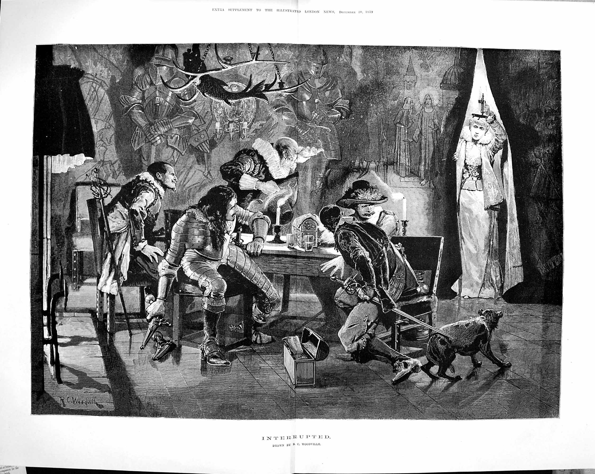 Original Old Antique Print 1879 Interrupted Men Meeting Swords Lady Candle Dog