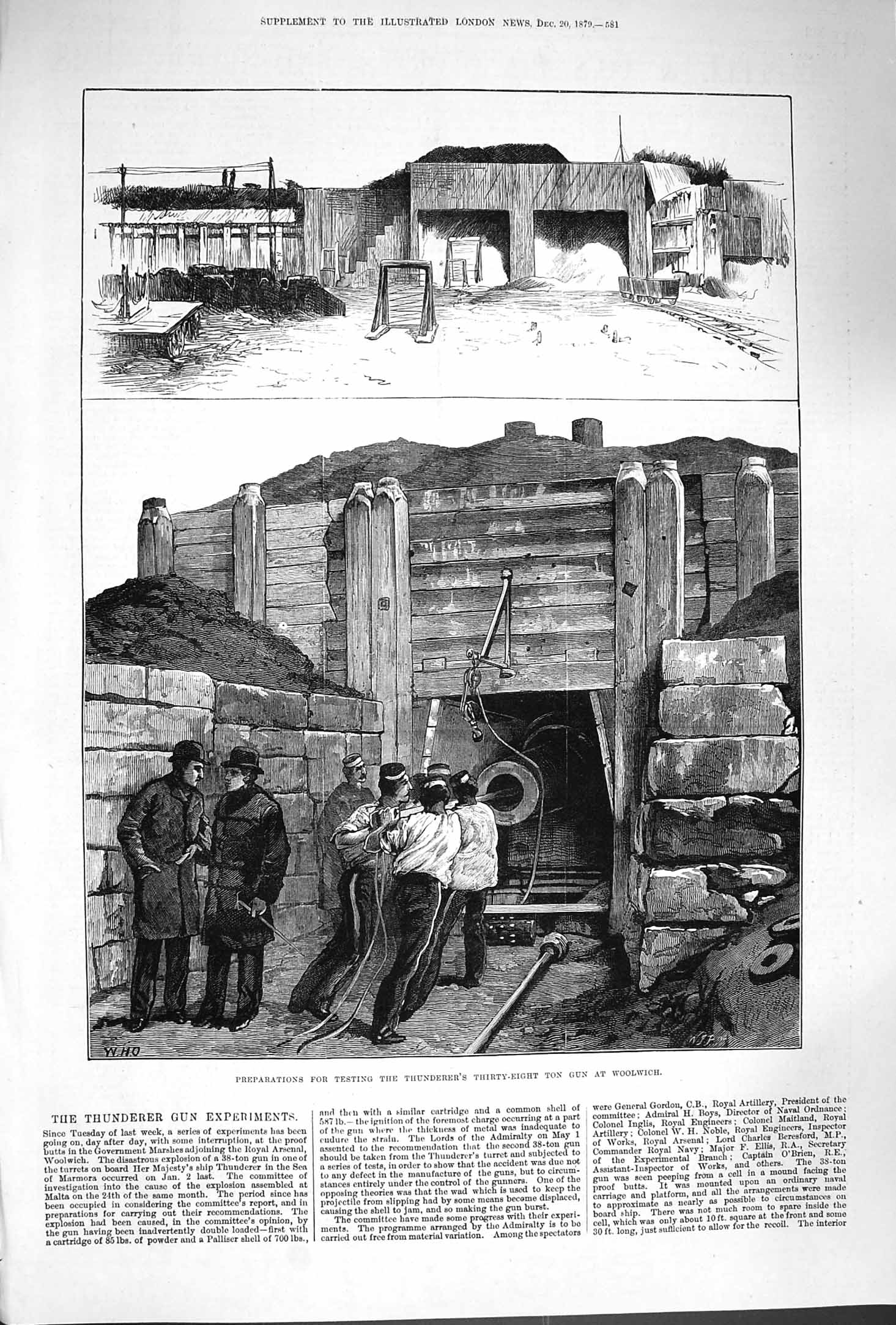 Original Old Antique Print 1879 Testing Thunderer Thirty-Eight Ton Gun Woolwich