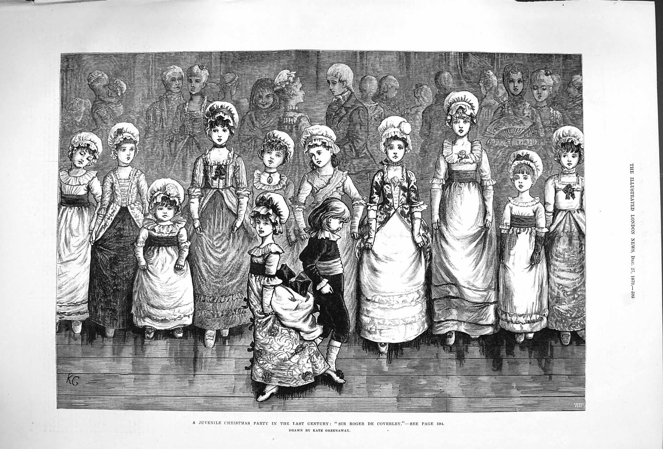 Original Old Antique Print 1879 Children Christmas Party Sir Roger De Coverley