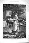 Original Old Antique Print 1879 Seasonable Cheer Lady Christmas Pie Cooking