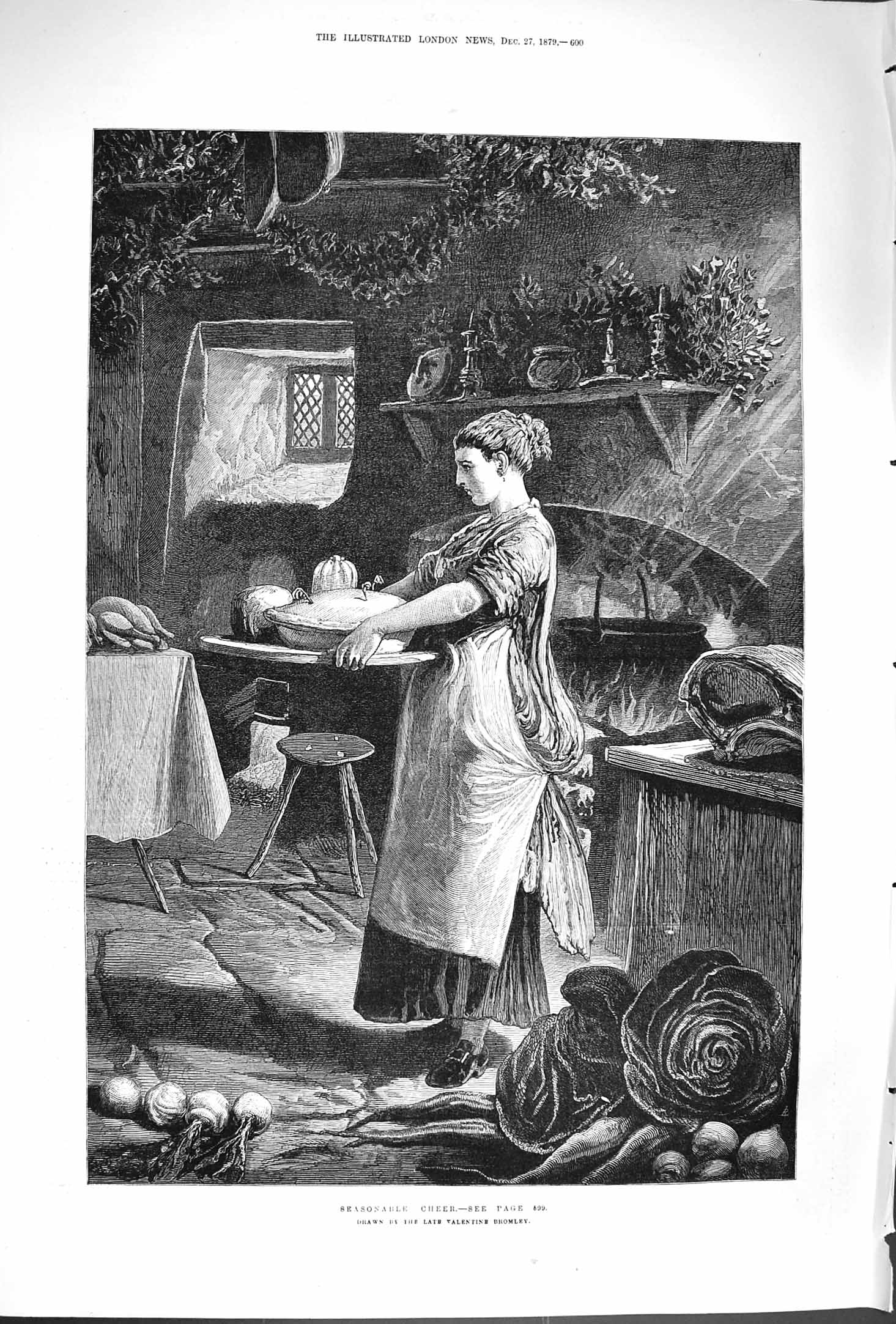Original Old Antique Print 1879 Seasonable Cheer Lady Christmas Pie Cooking
