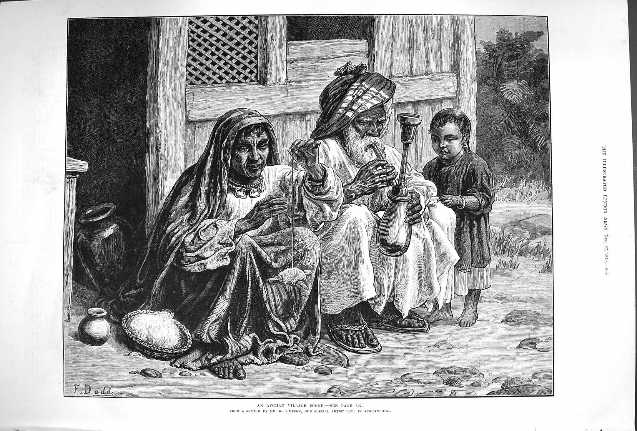Old Antique Print 1879 Afghan Village Scene Men Music Little Boy Fine Art 19th